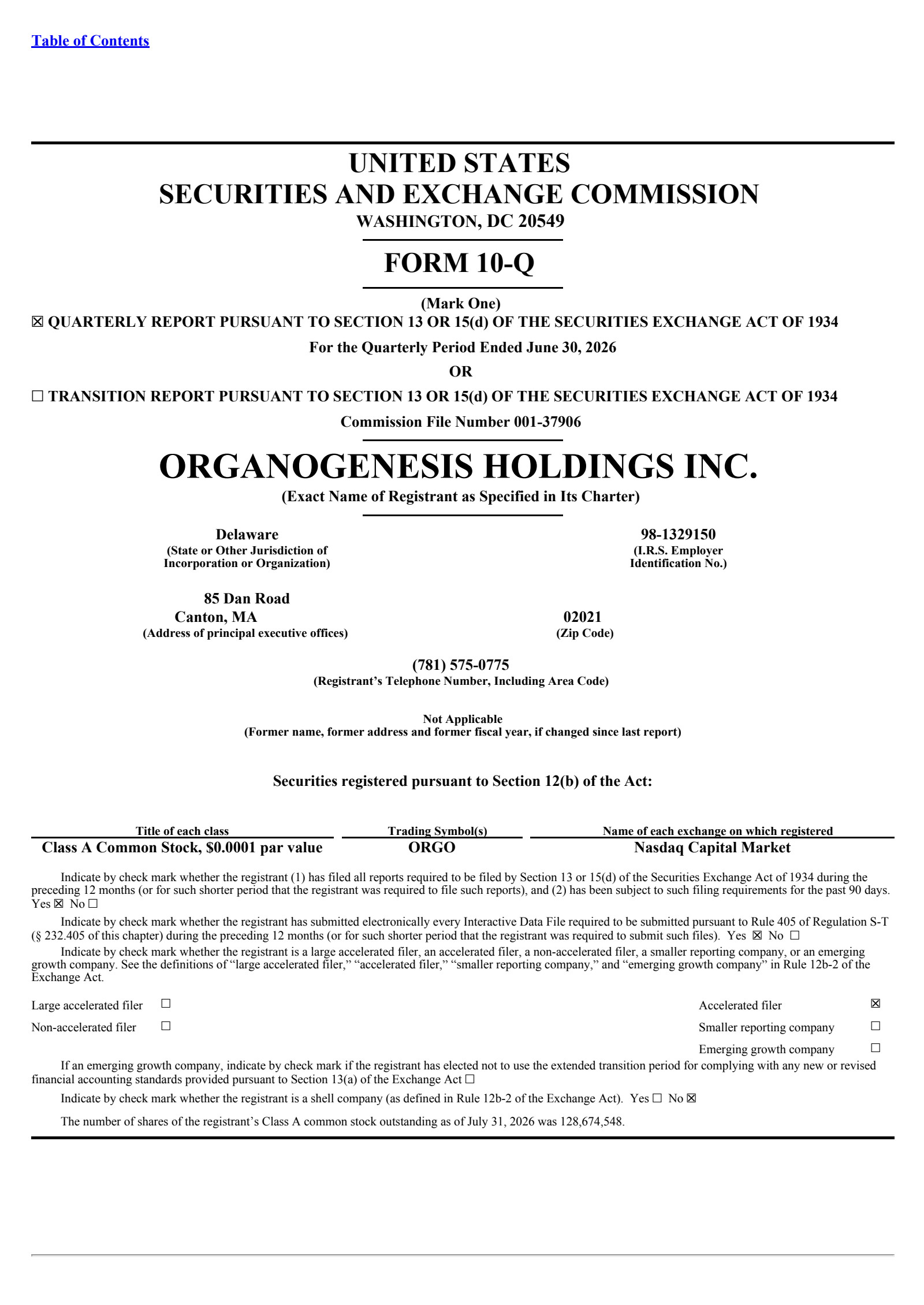 Organogenesis' Q2 2026 Quarterly report
