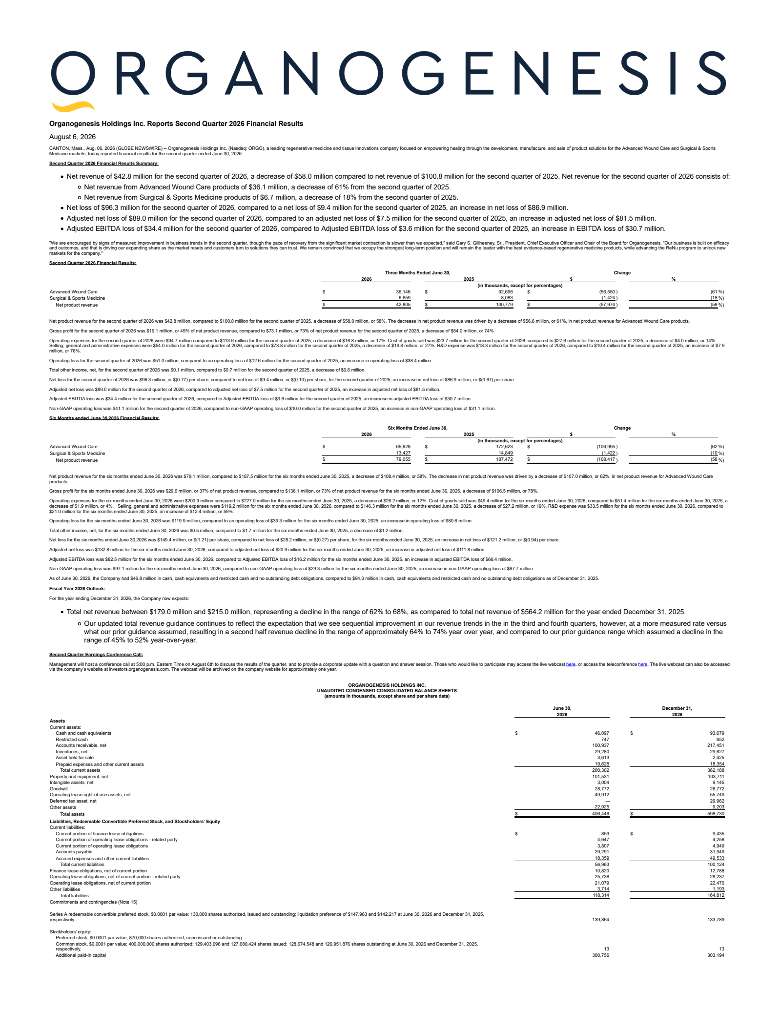 Organogenesis' Q2 2026 Press Release