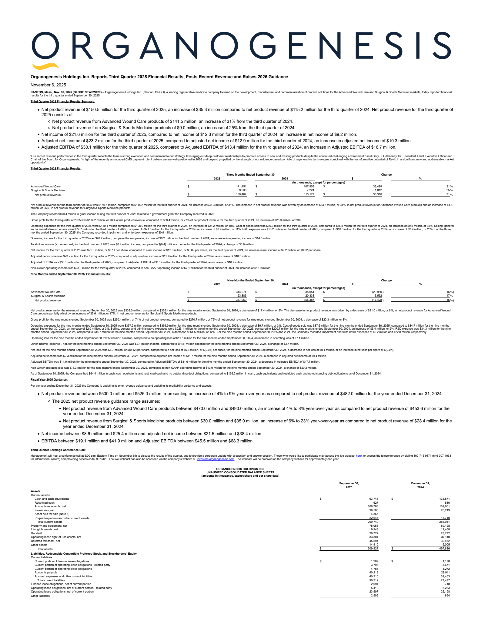 Organogenesis' Q3 2025 Earnings Release