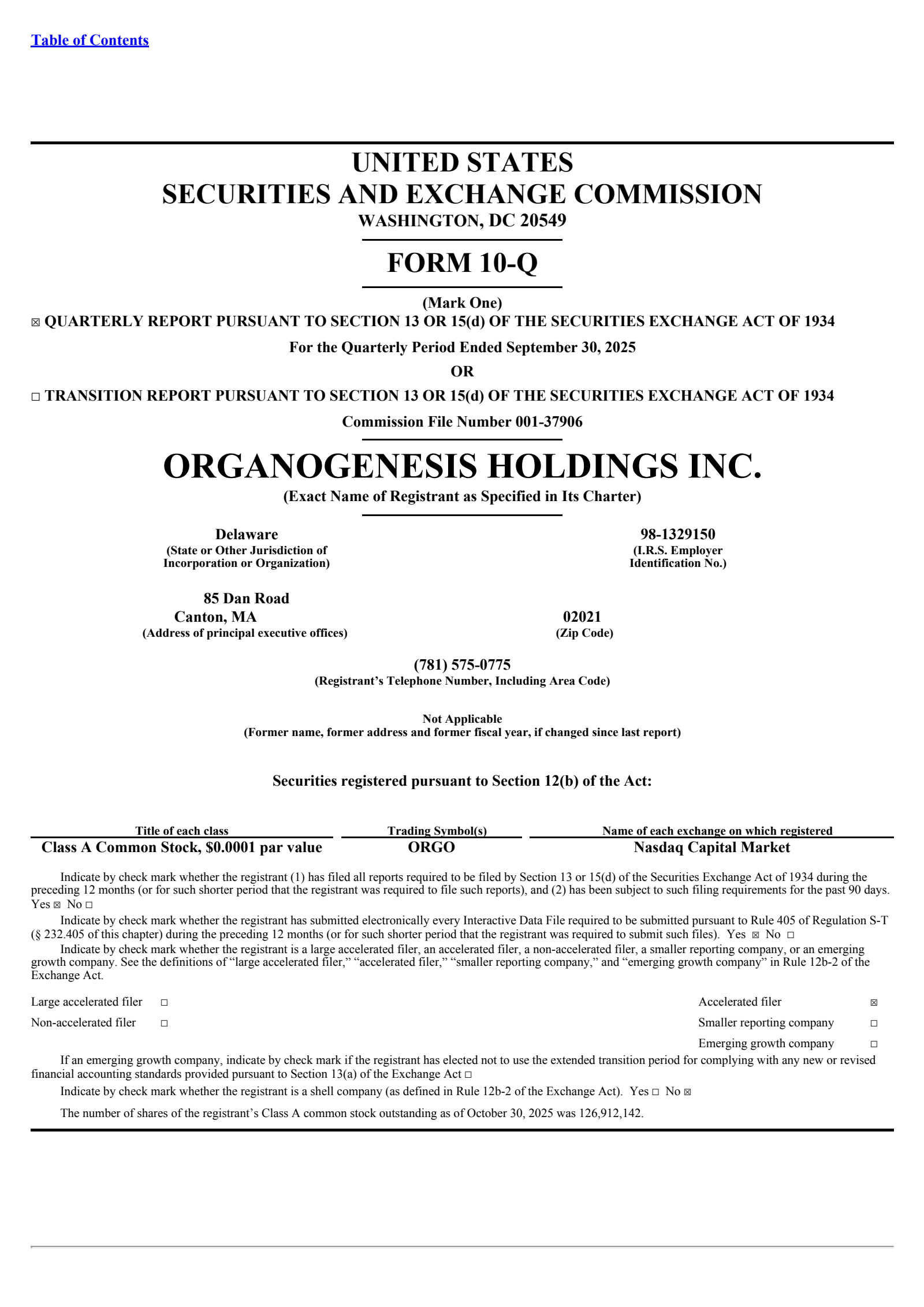 Organogenesis' Q3 2025 Quarterly Report