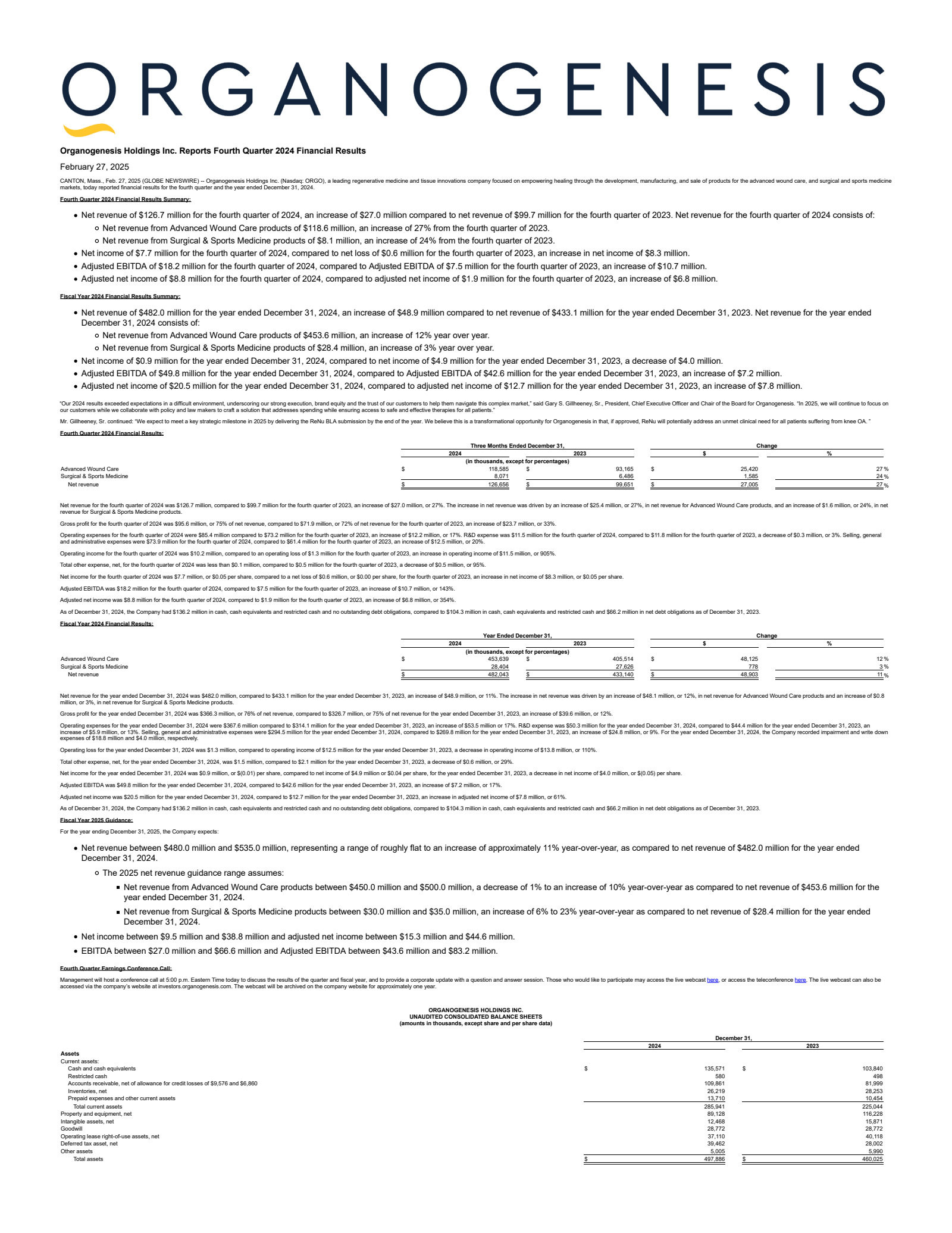 Organogenesis' Q4 2024 Press Release