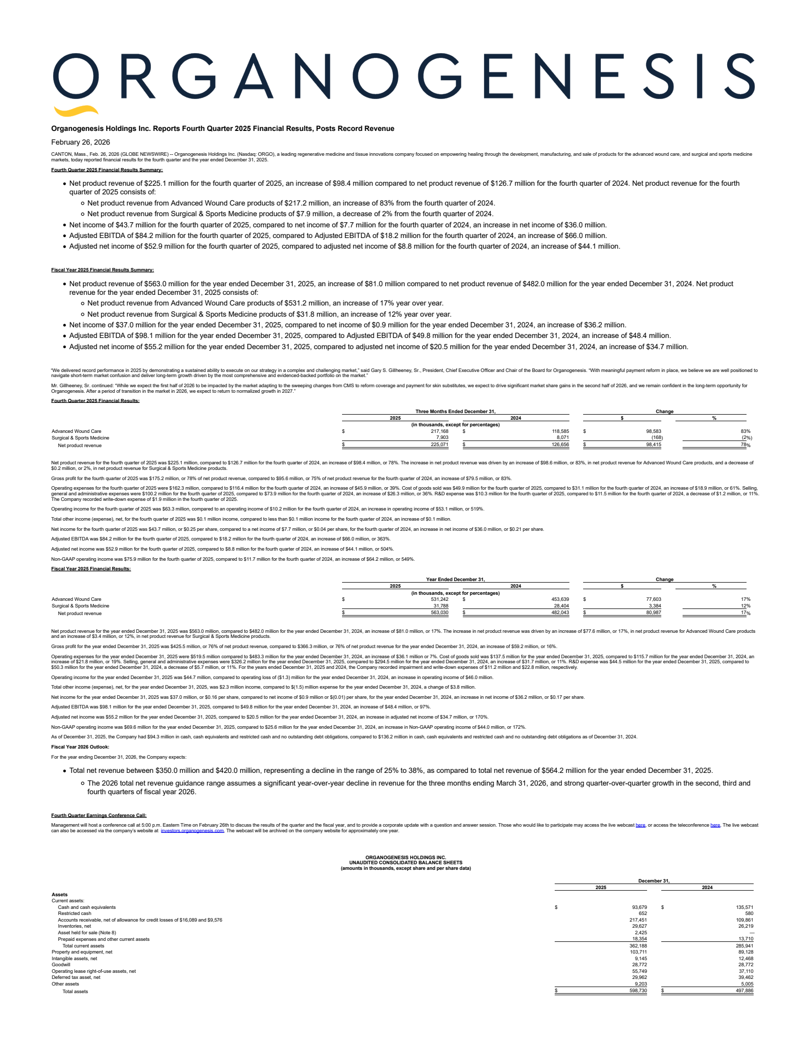 Organogenesis' Q4 2025 Press Release
