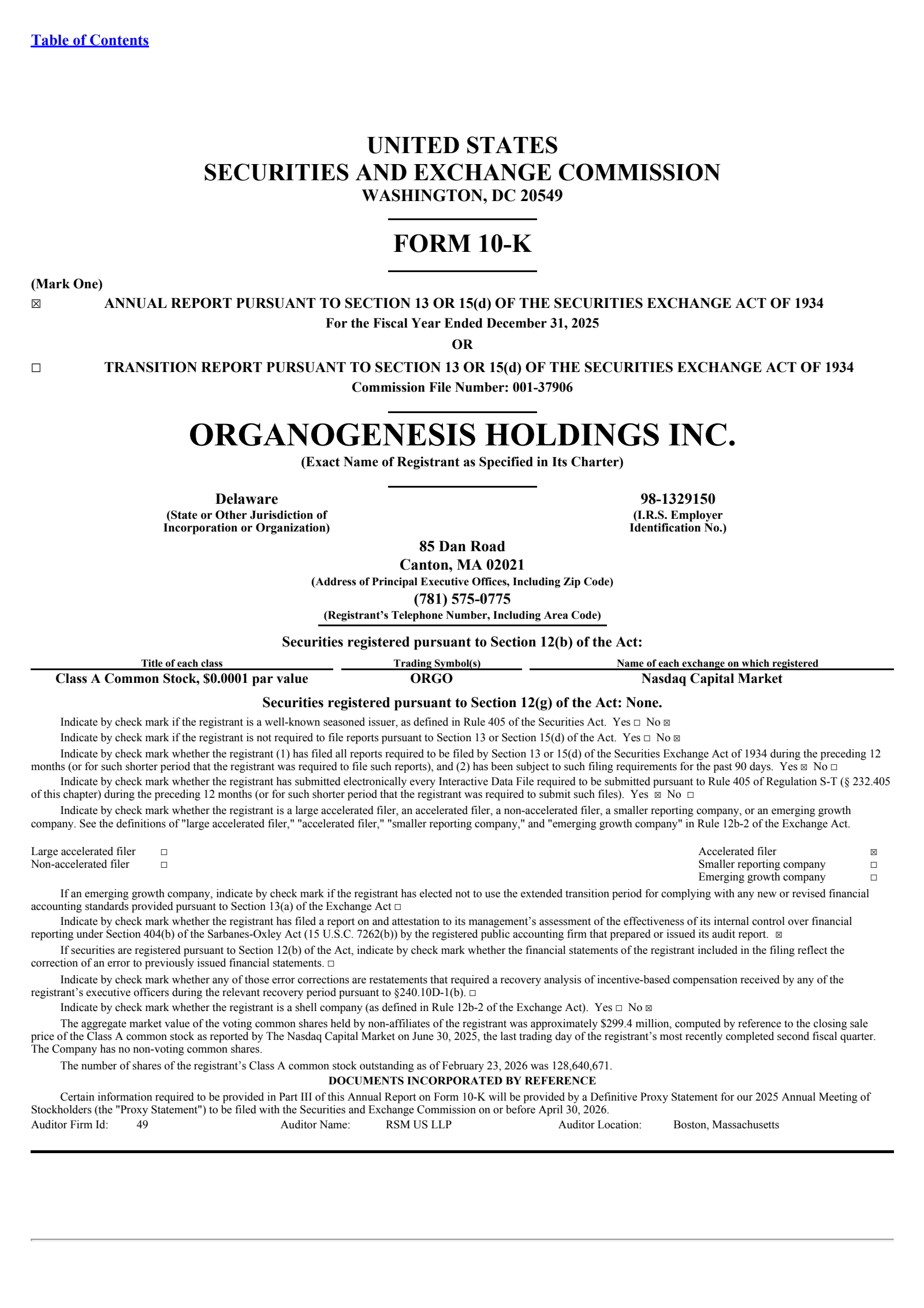 Organogenesis' Q4 2025 Annual report