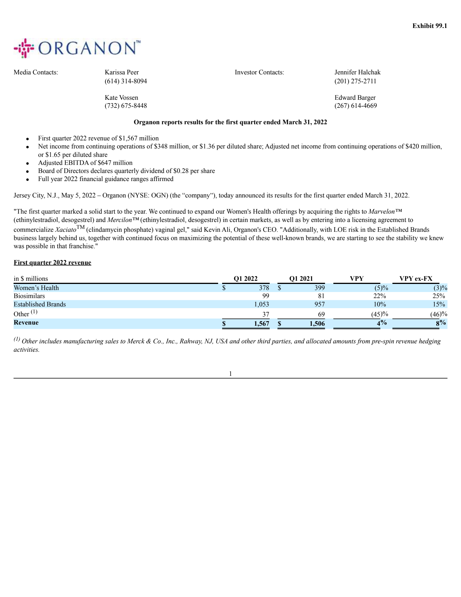 Organon & Co.'s Q1 2022 Press Release