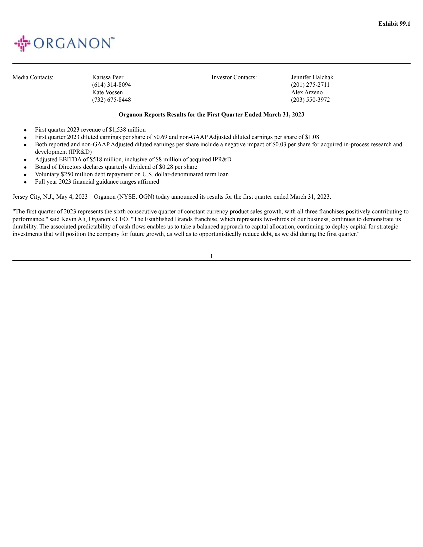 Organon & Co.'s Q1 2023 Press Release
