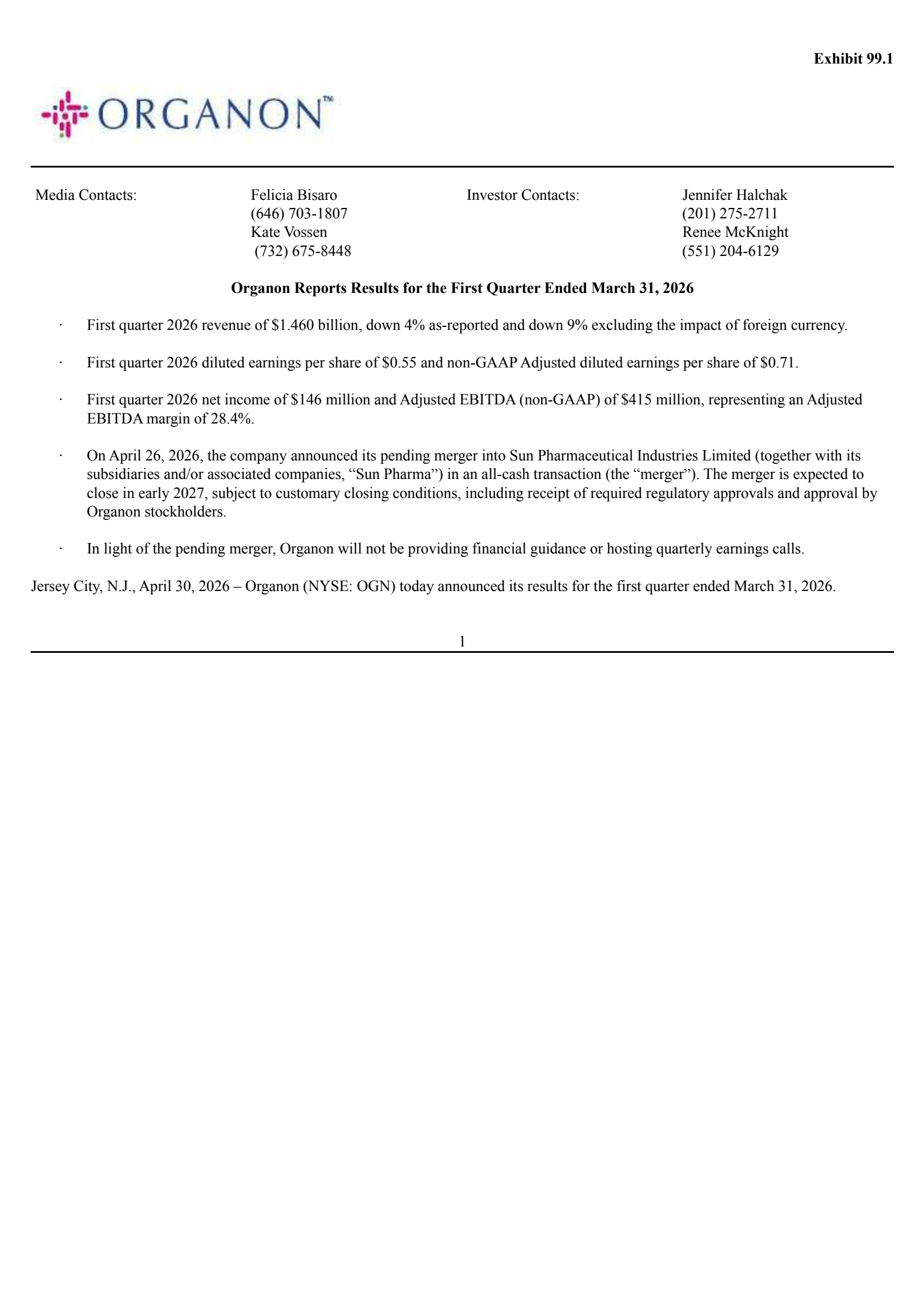 Organon & Co.'s Q1 2026 Press Release