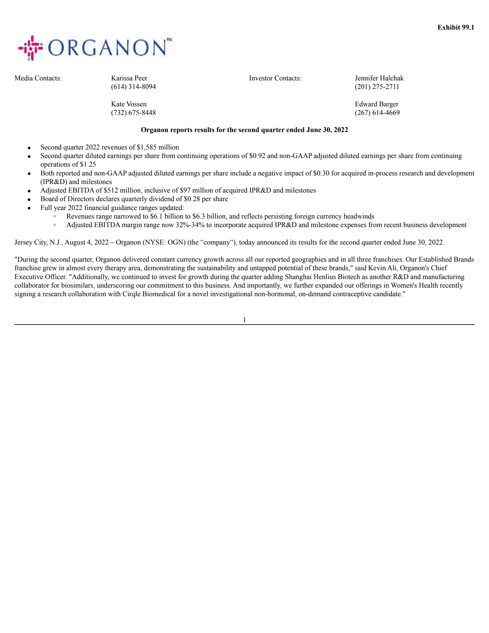 Organon & Co.'s Q2 2022 Press Release
