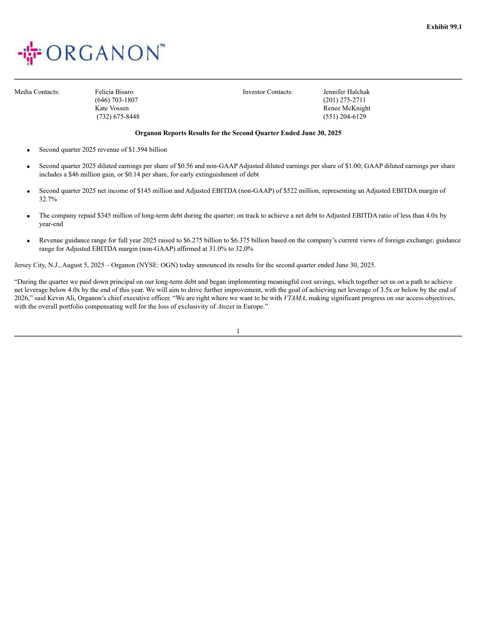 Organon & Co.'s Q2 2025 Press Release