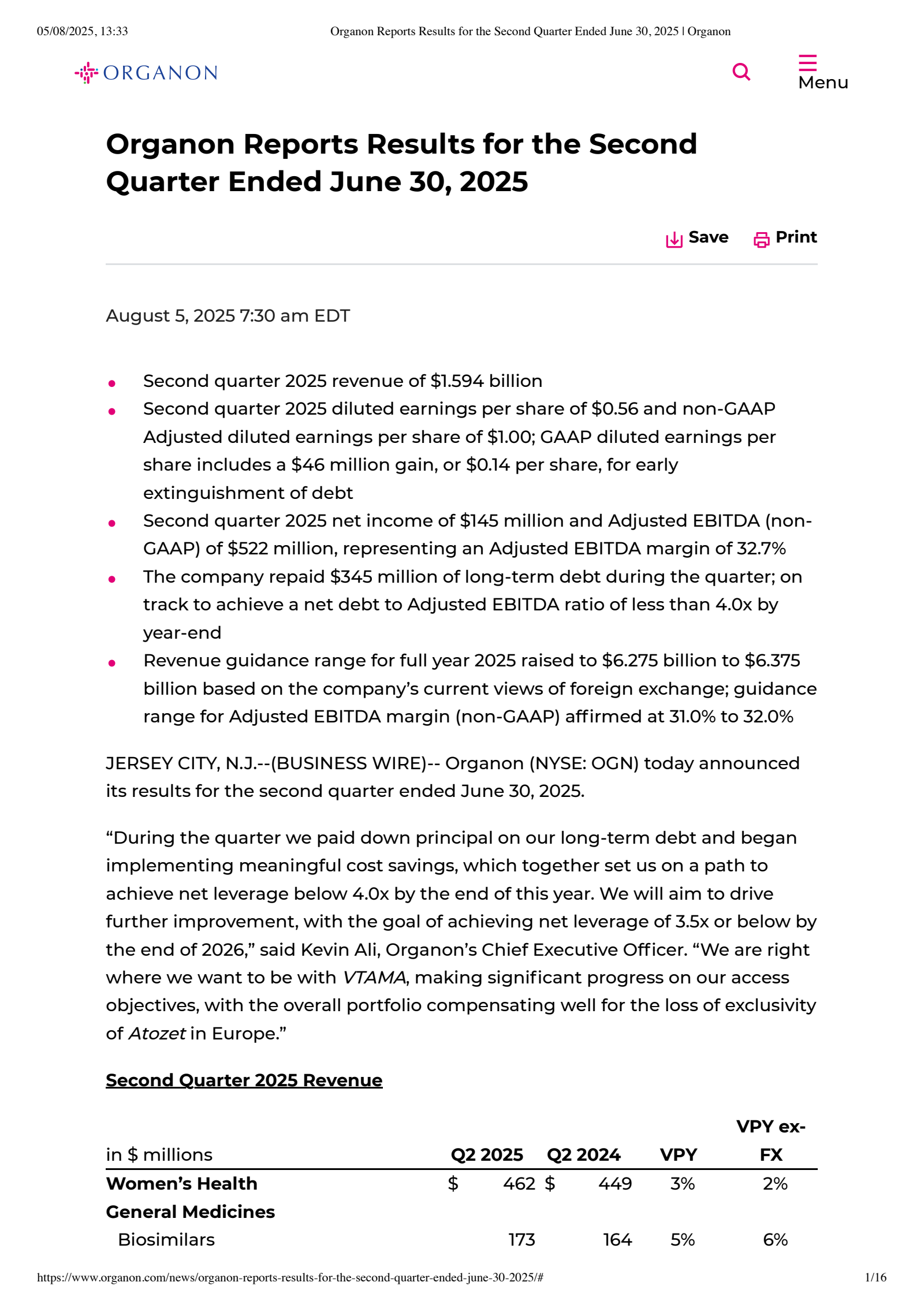 Organon & Co.'s Q2 2025 Press Release