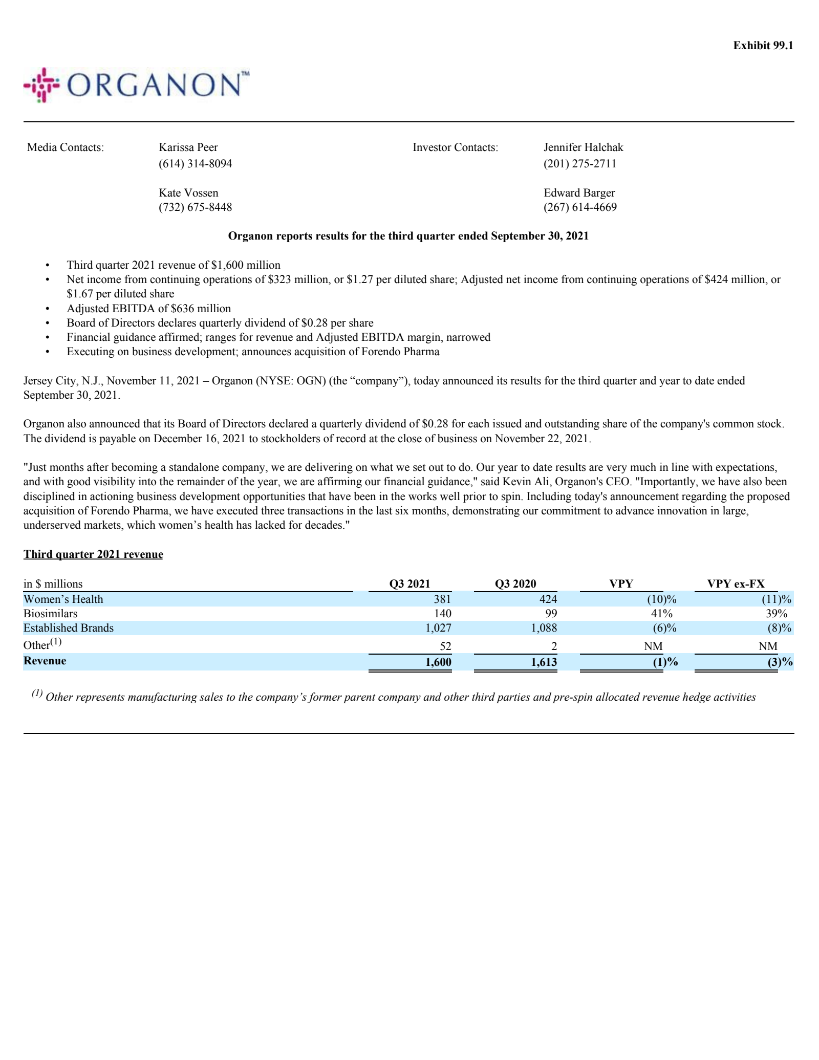 Organon & Co.'s Q3 2021 Press Release