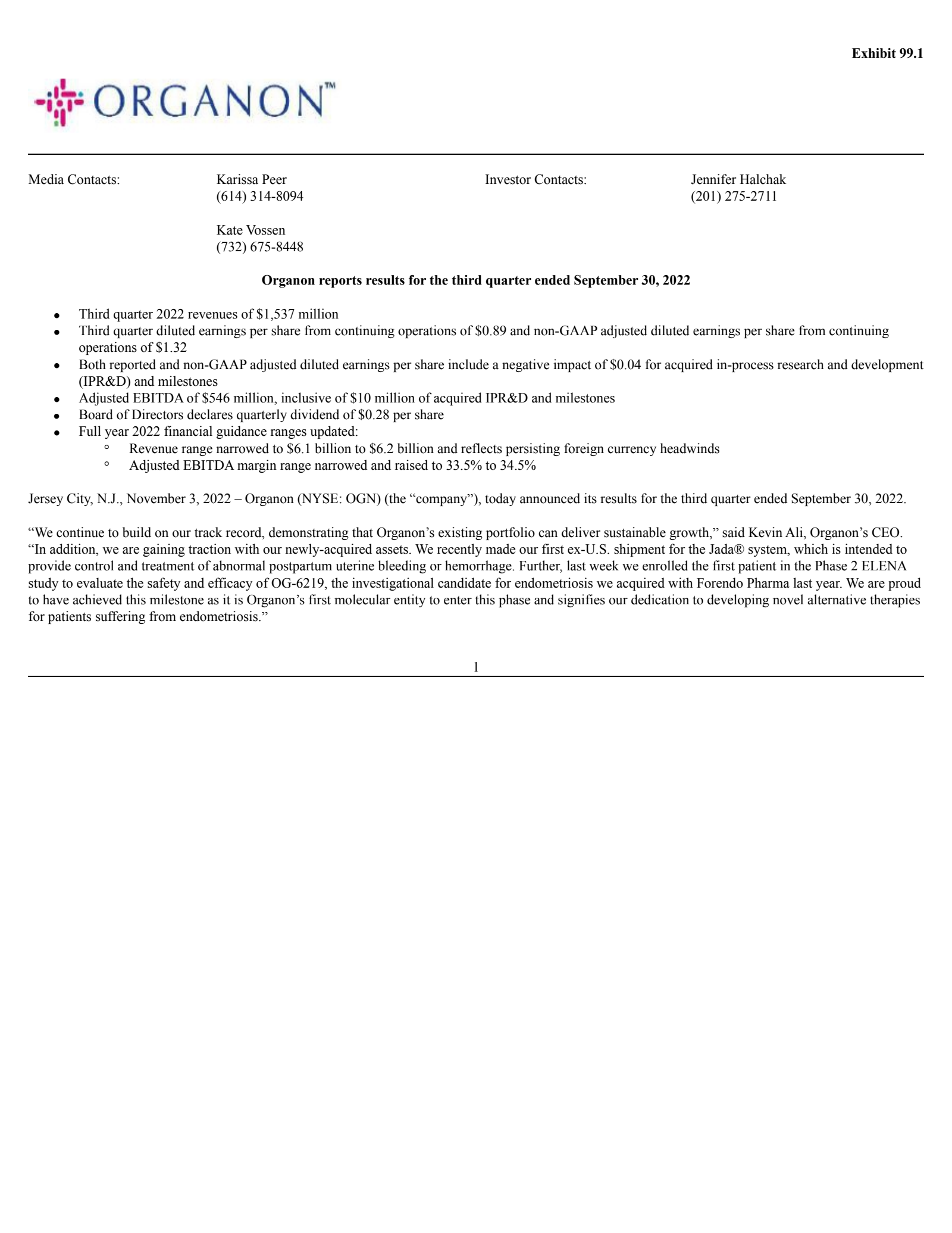 Organon & Co.'s Q3 2022 Press Release