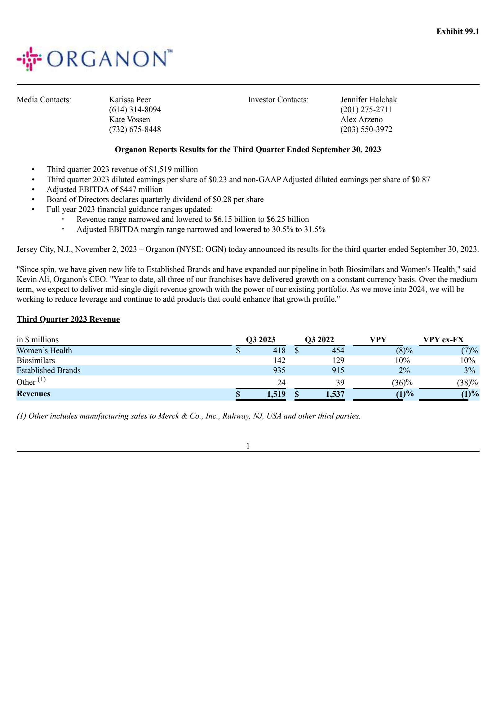 Organon & Co.'s Q3 2023 Press Release