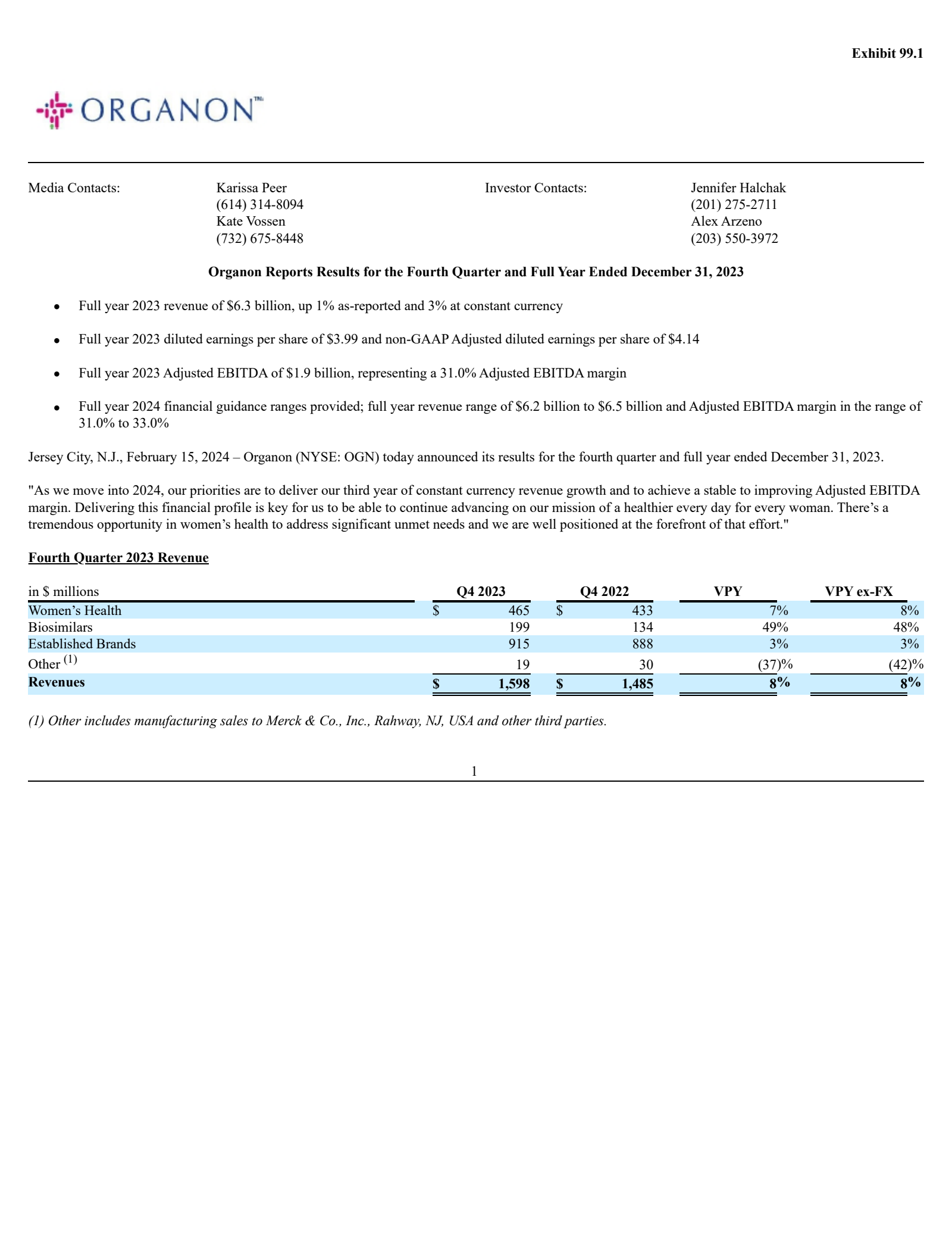 Organon & Co.'s Q4 2023 Press Release