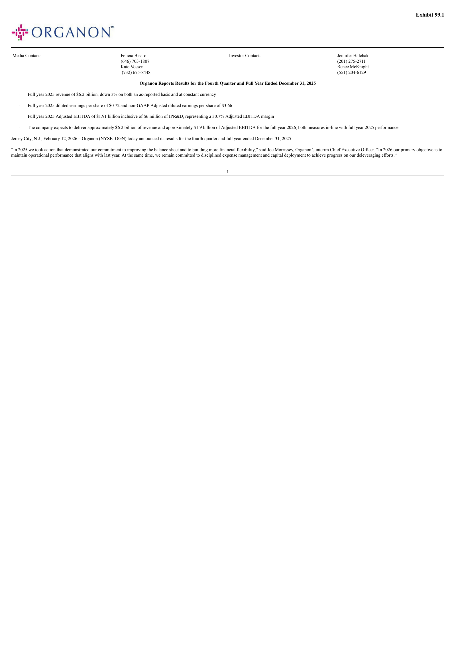 Organon & Co.'s Q4 2025 Press Release