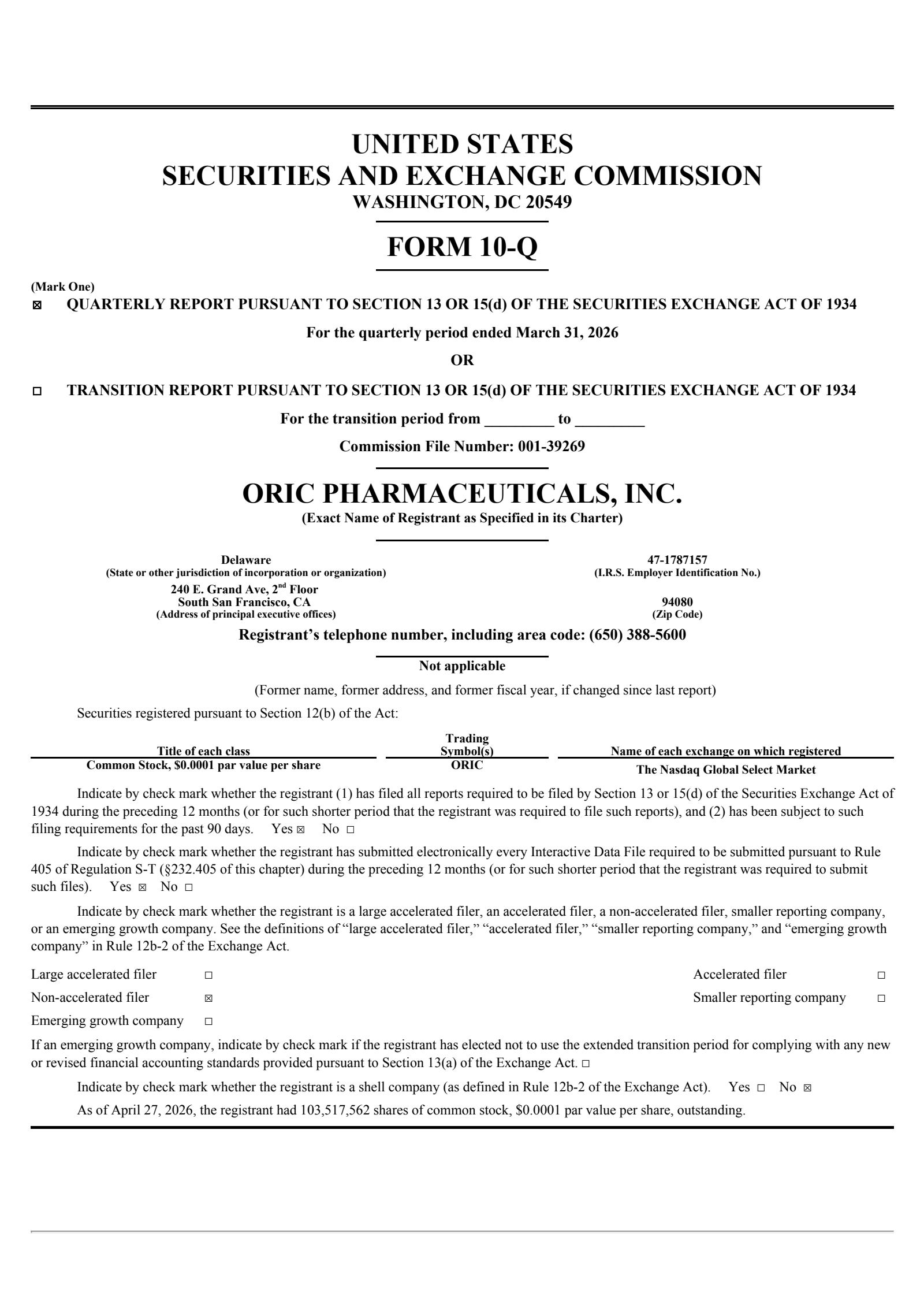 Oric Pharmaceuticals' Q1 2026 Quarterly report