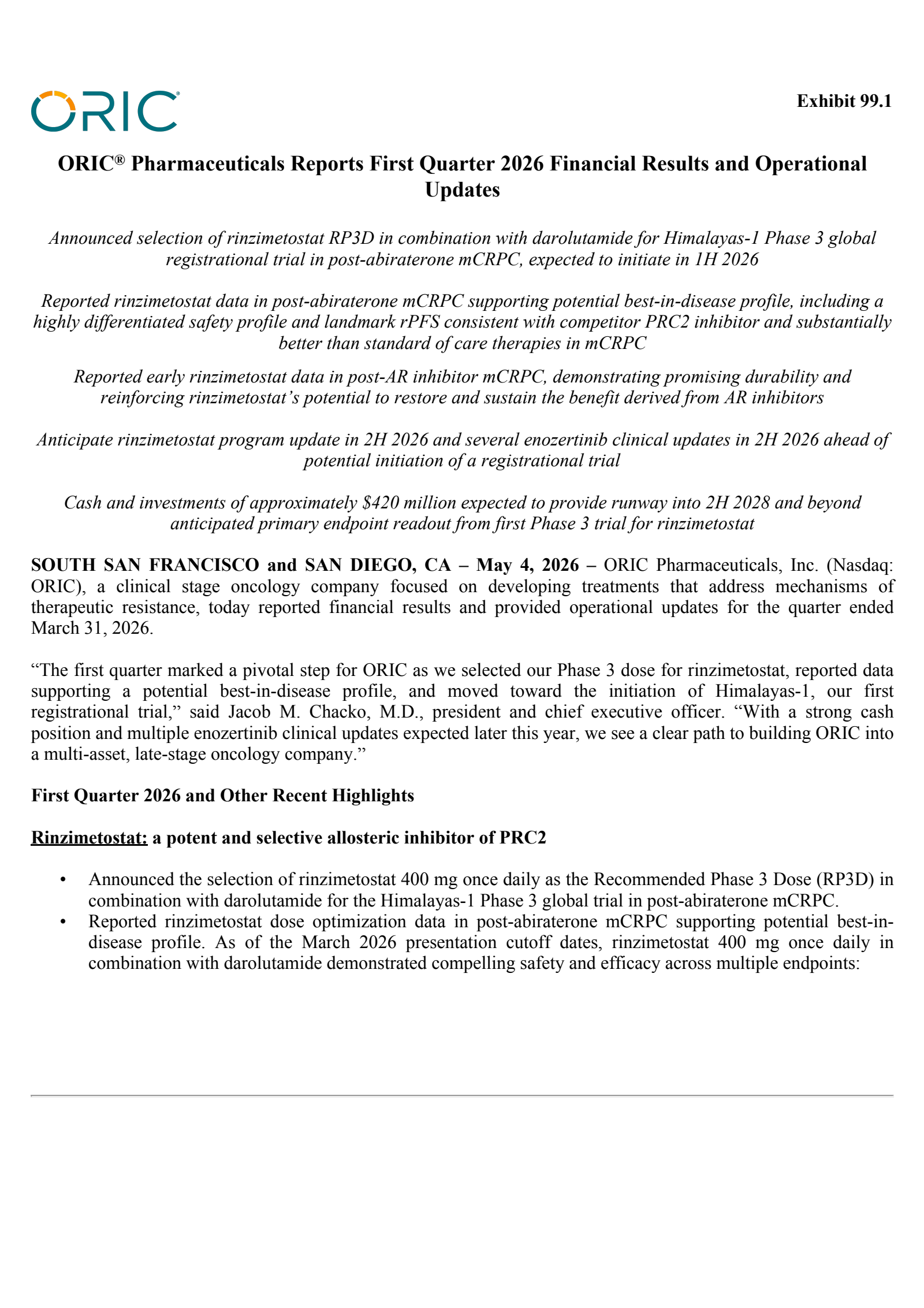 Oric Pharmaceuticals' Q1 2026 Press Release