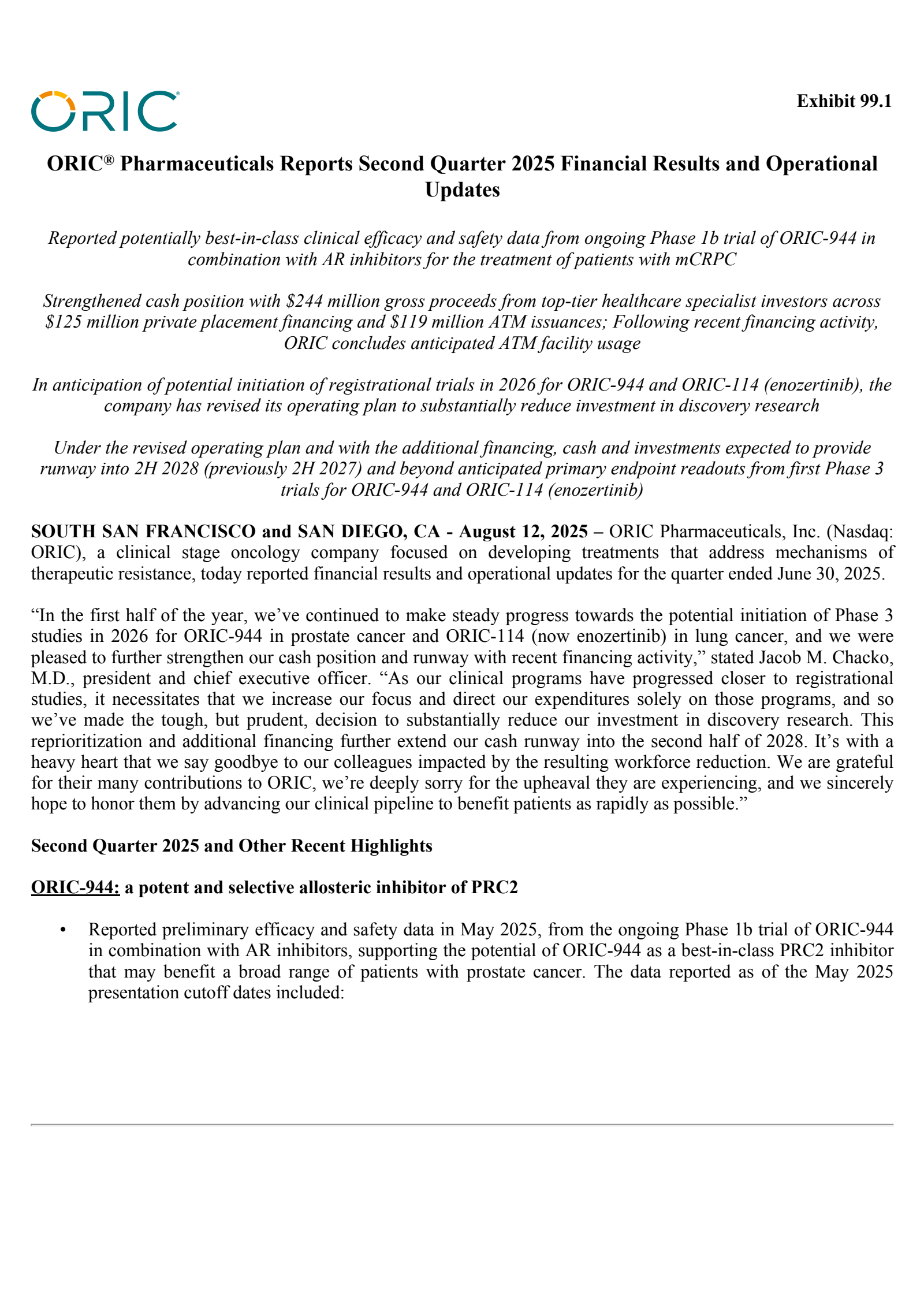 Oric Pharmaceuticals' Q2 2025 Press Release