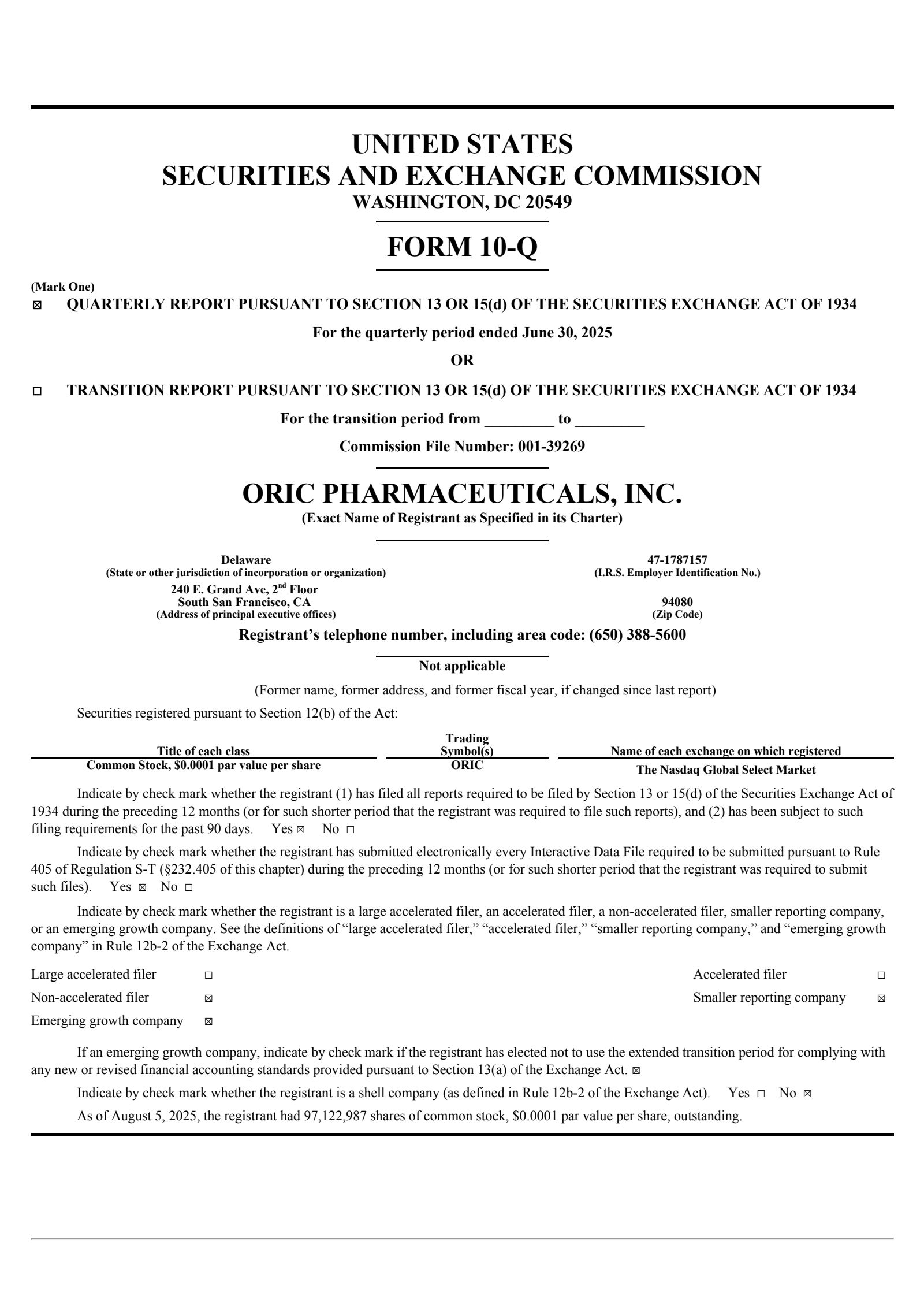 Oric Pharmaceuticals' Q2 2025 Quarterly report