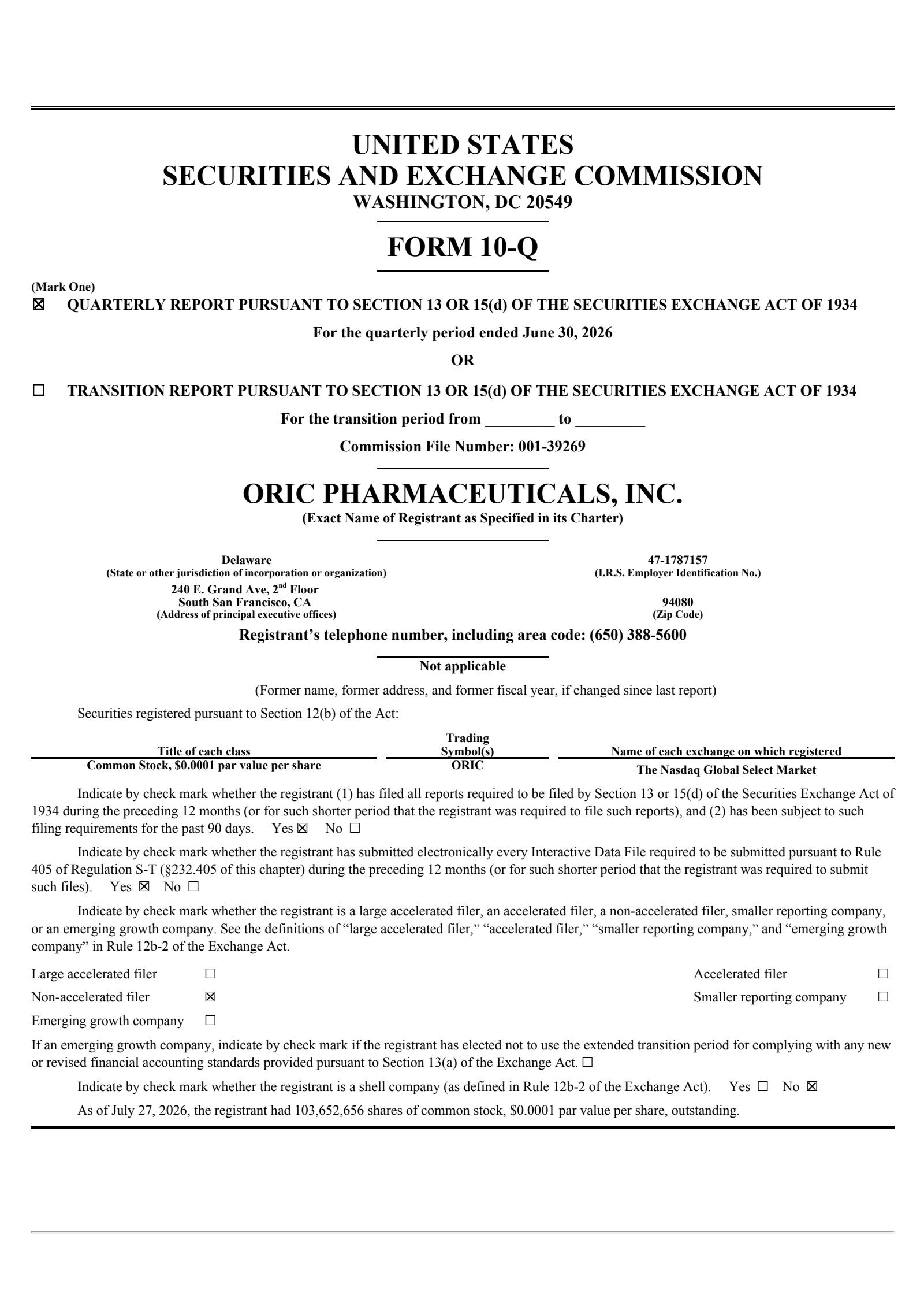 Oric Pharmaceuticals' Q2 2026 Quarterly report