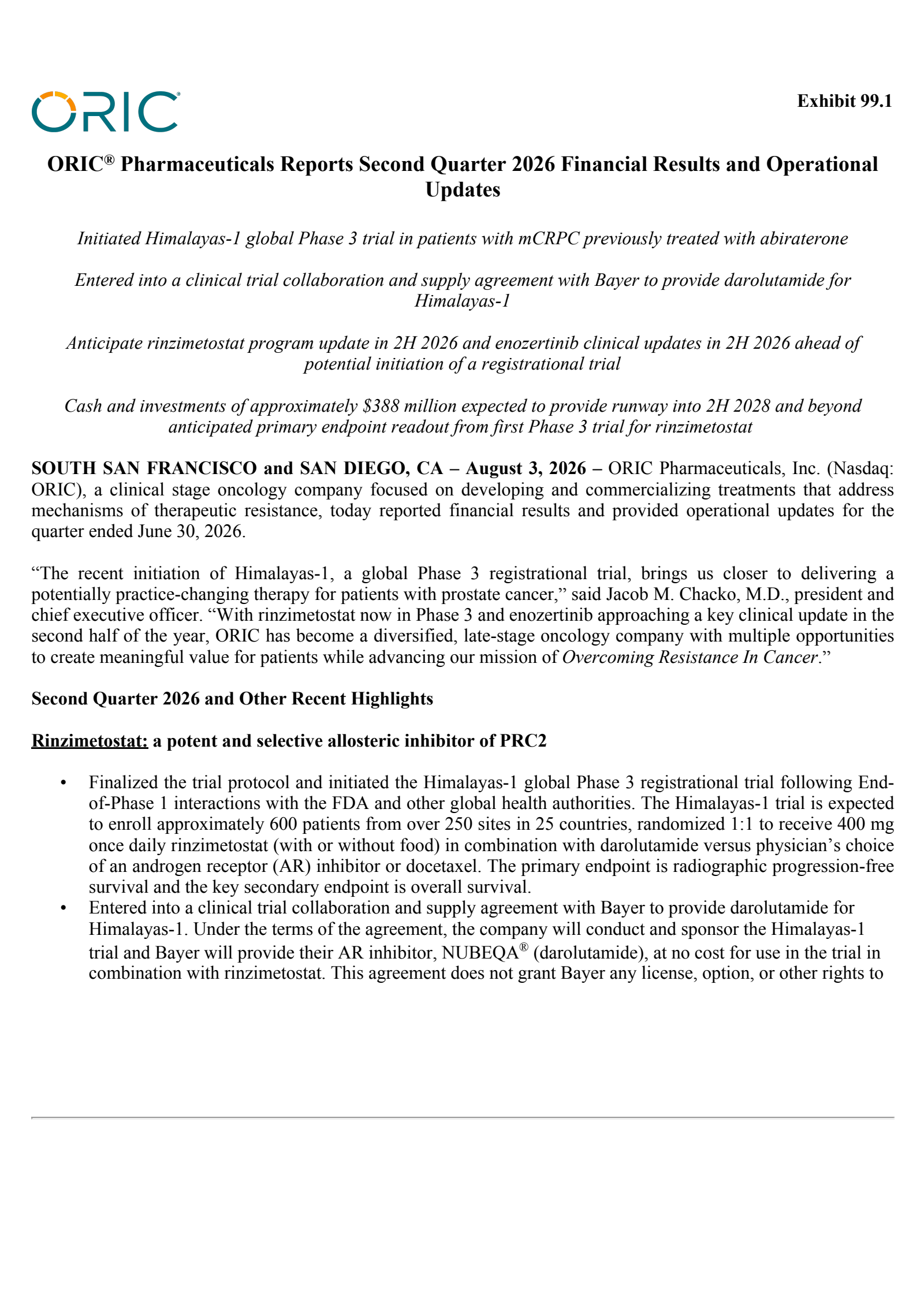 Oric Pharmaceuticals' Q2 2026 Press Release