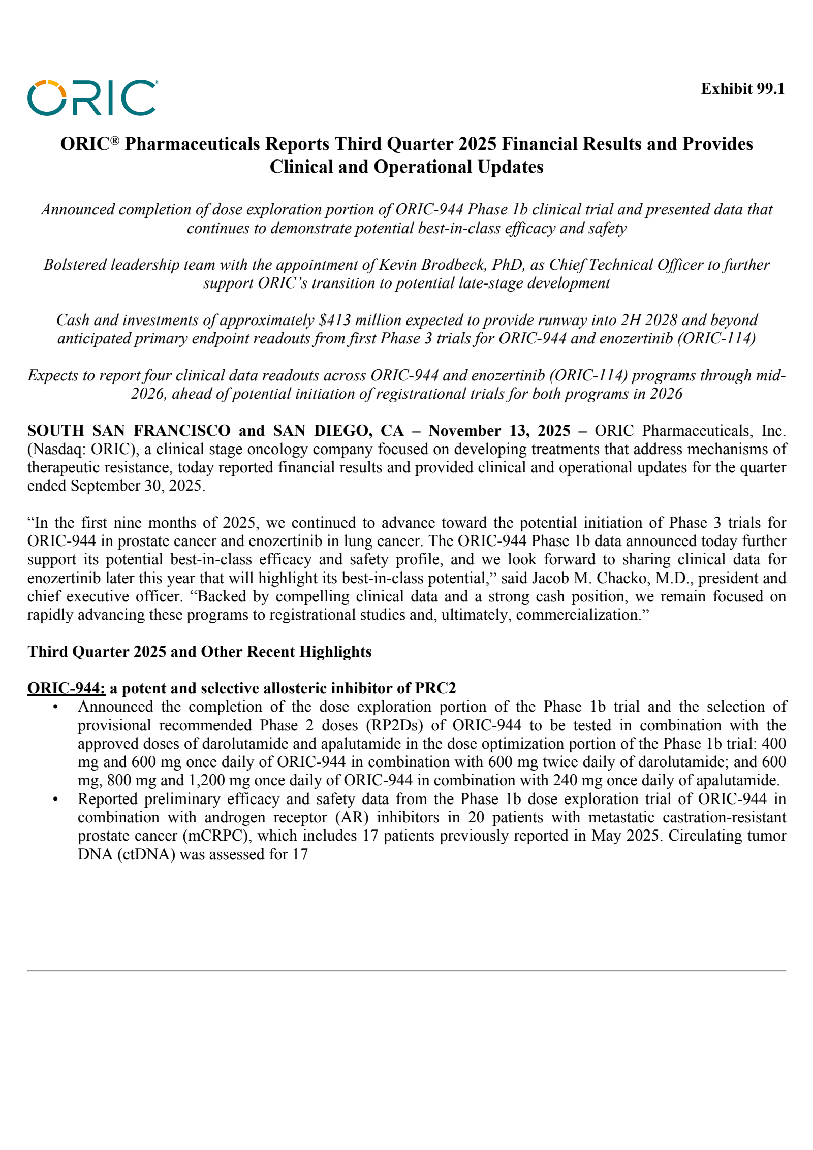 Oric Pharmaceuticals' Q3 2025 Earnings Release