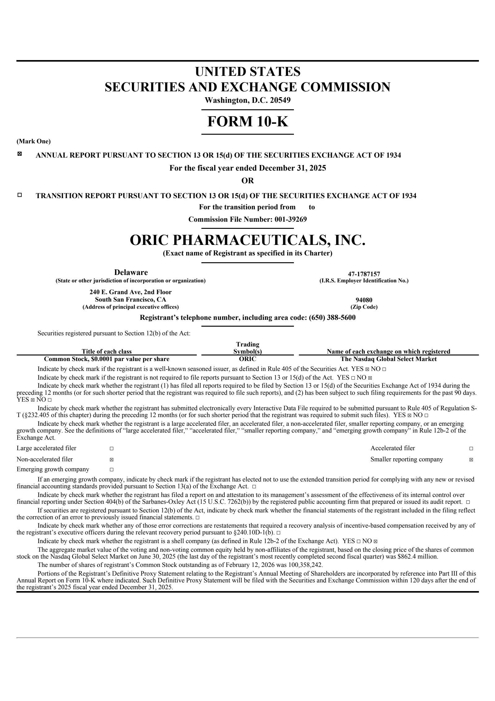 Oric Pharmaceuticals' Q4 2025 Annual report