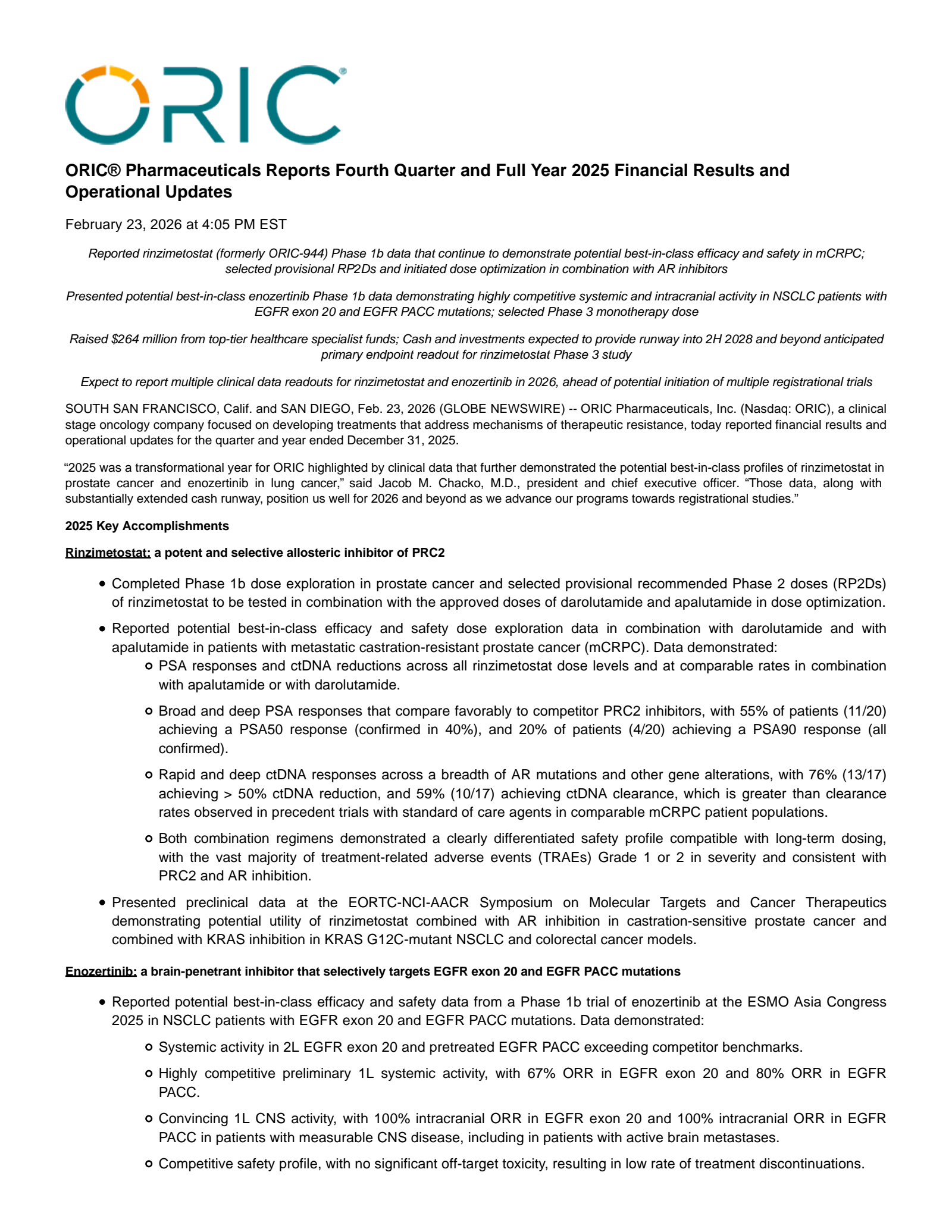 Oric Pharmaceuticals' Q4 2025 Press Release
