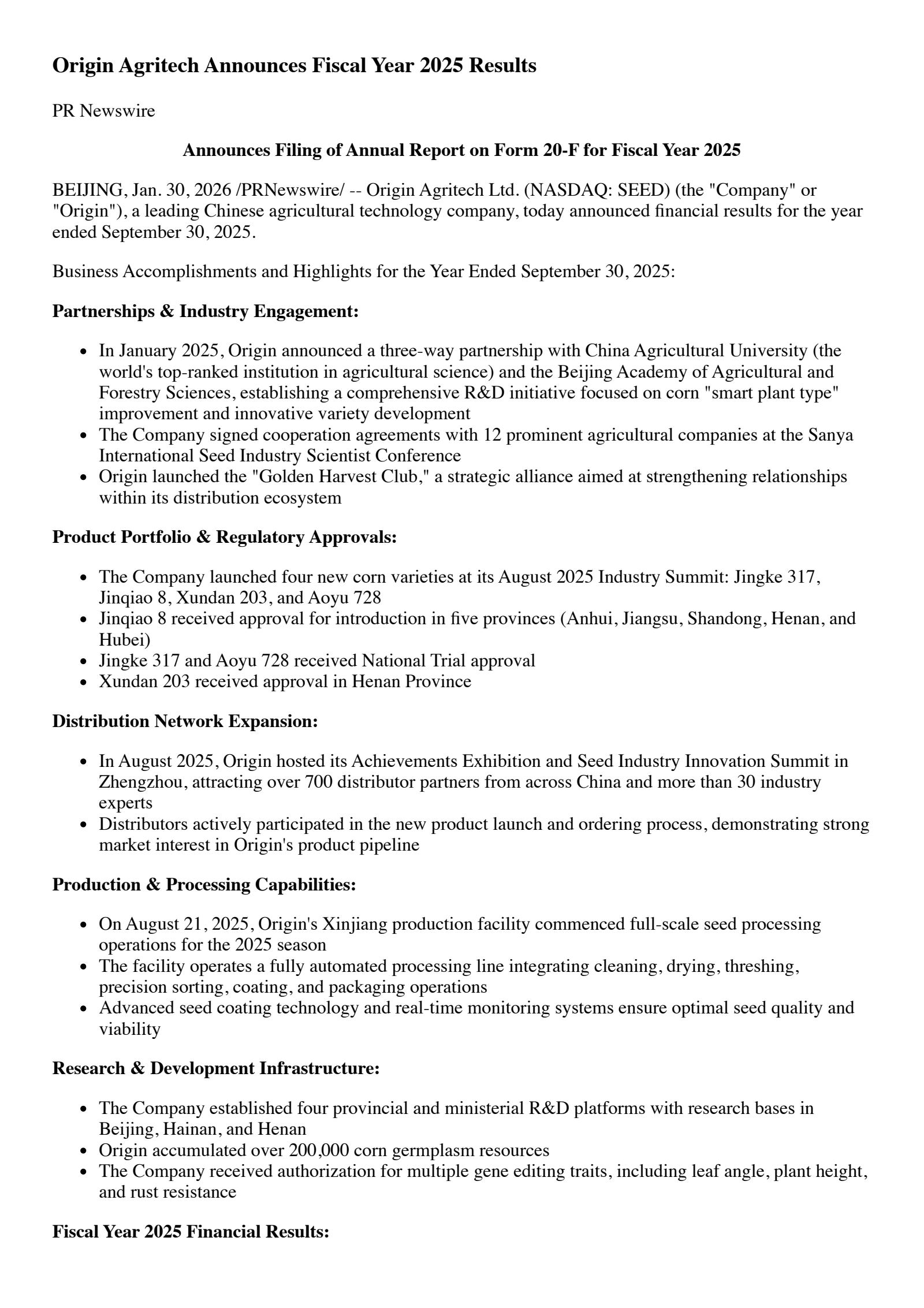 Origin Agritech's Q4 2025 Press Release