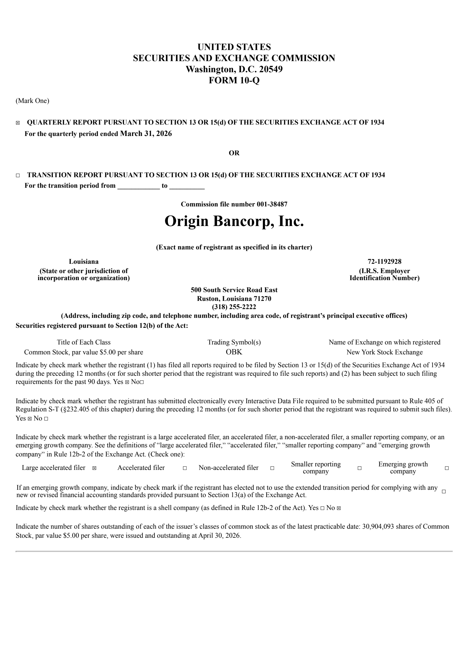 Origin Bancorp's Q1 2026 Quarterly report