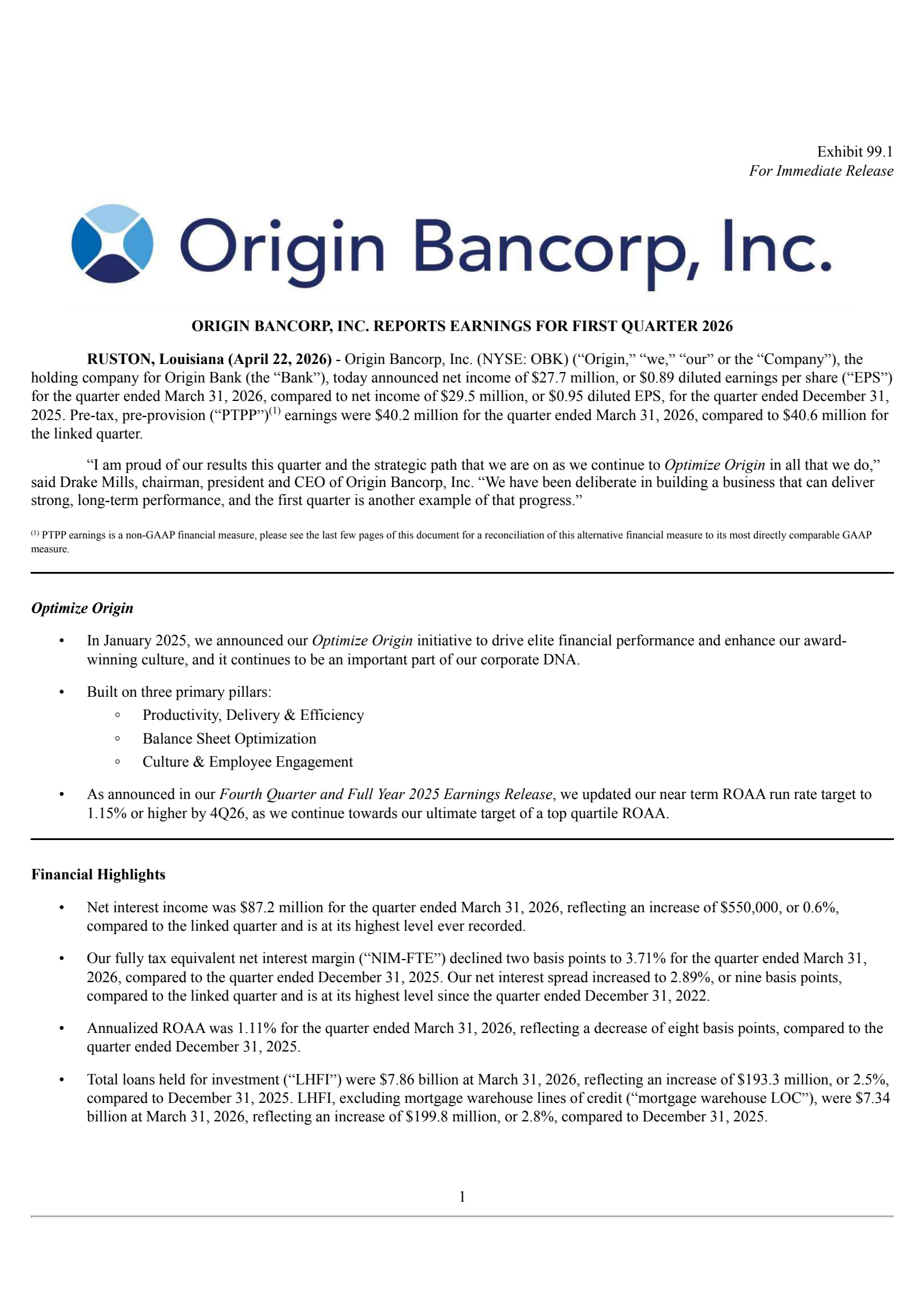 Origin Bancorp's Q1 2026 Press Release