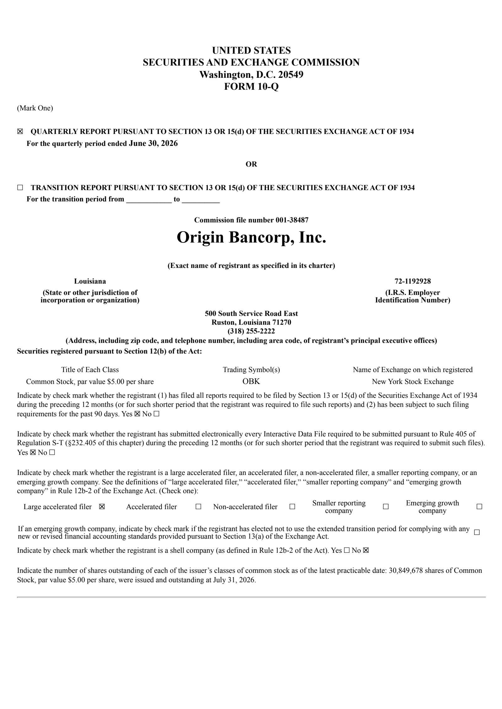 Origin Bancorp's Q2 2026 Quarterly report