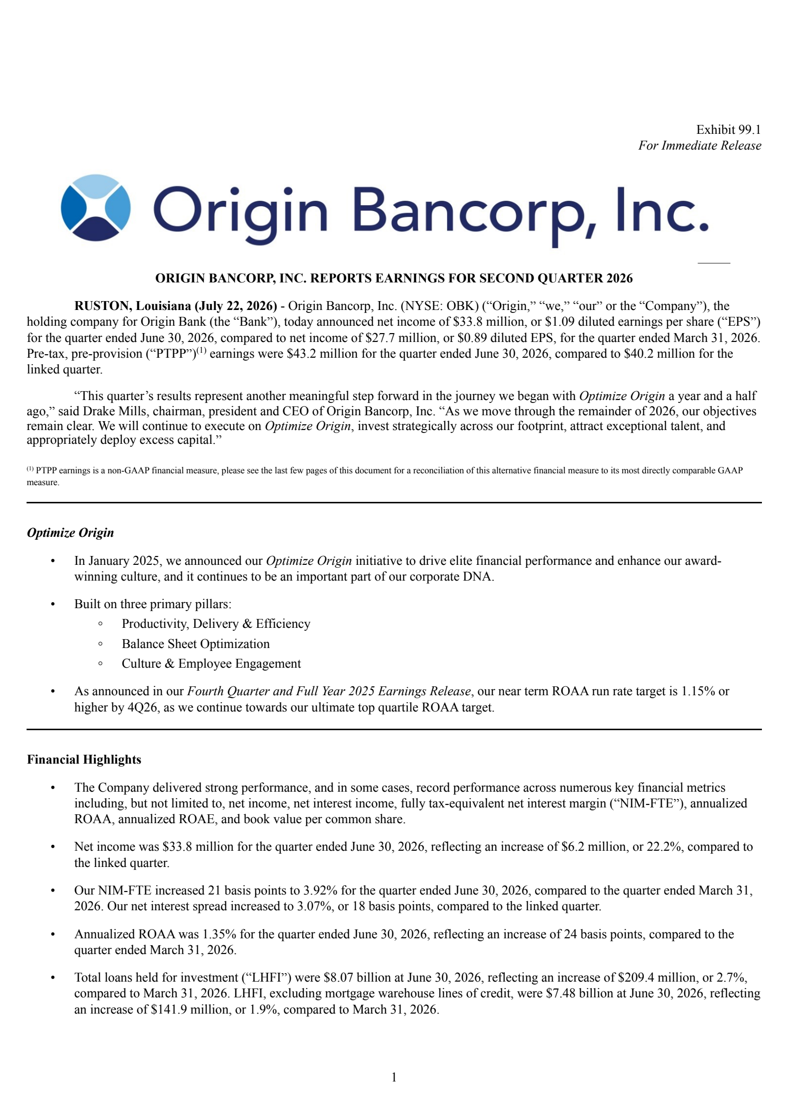 Origin Bancorp's Q2 2026 Press Release