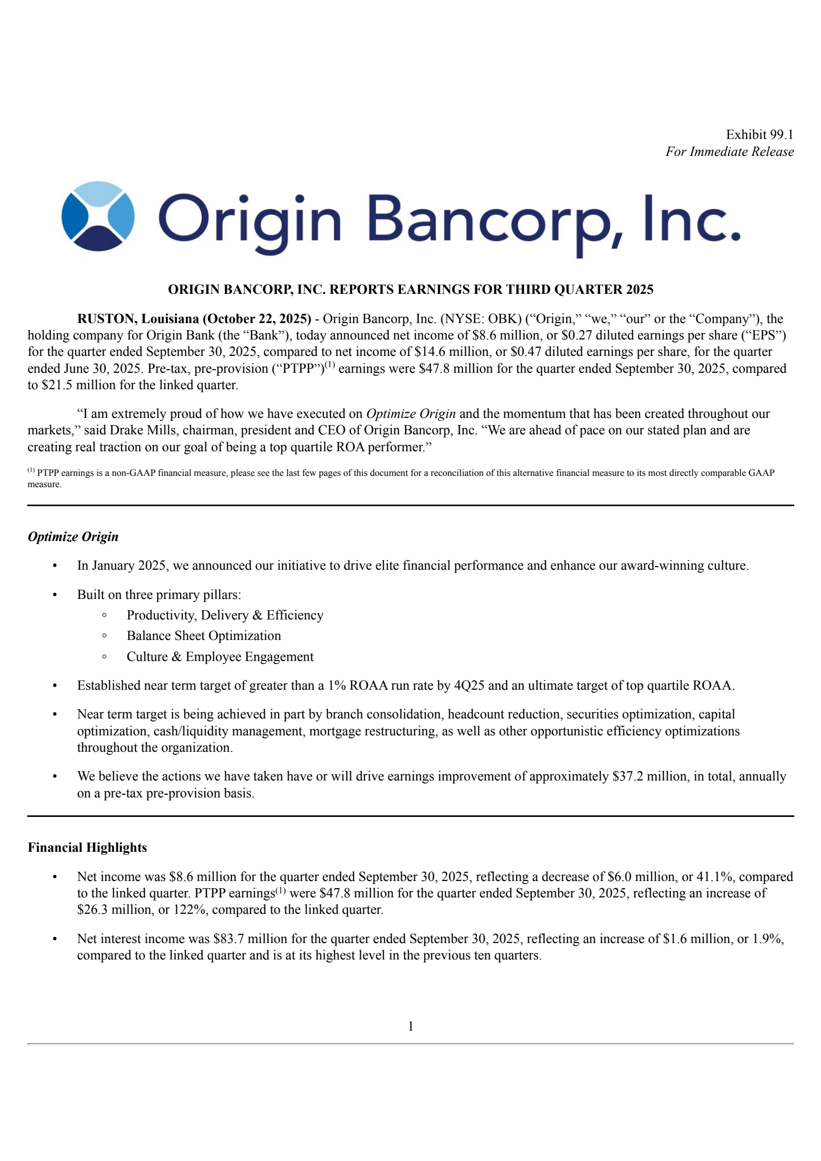 Origin Bancorp's Q3 2025 Earnings Release