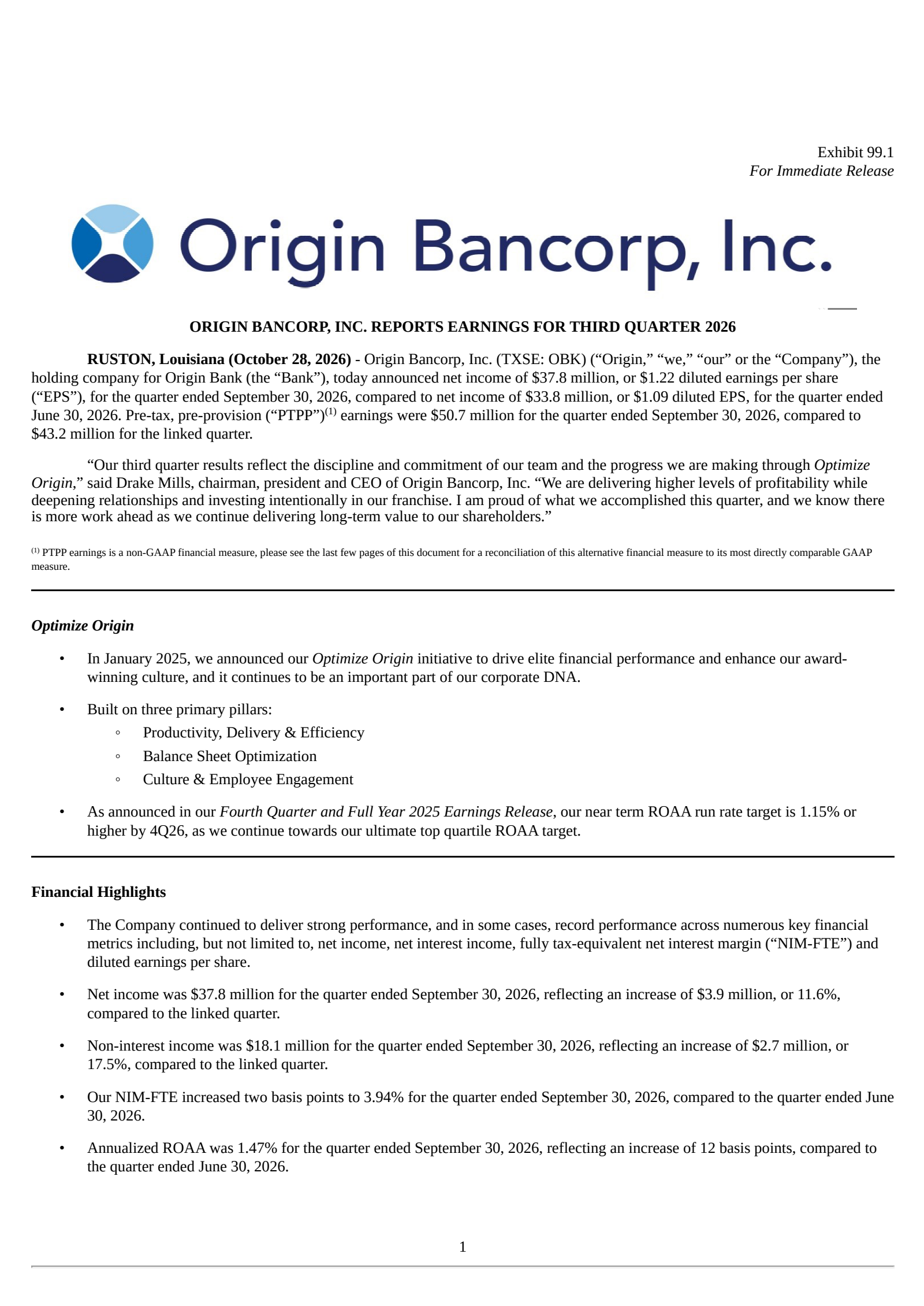 Origin Bancorp's Q3 2026 Press Release