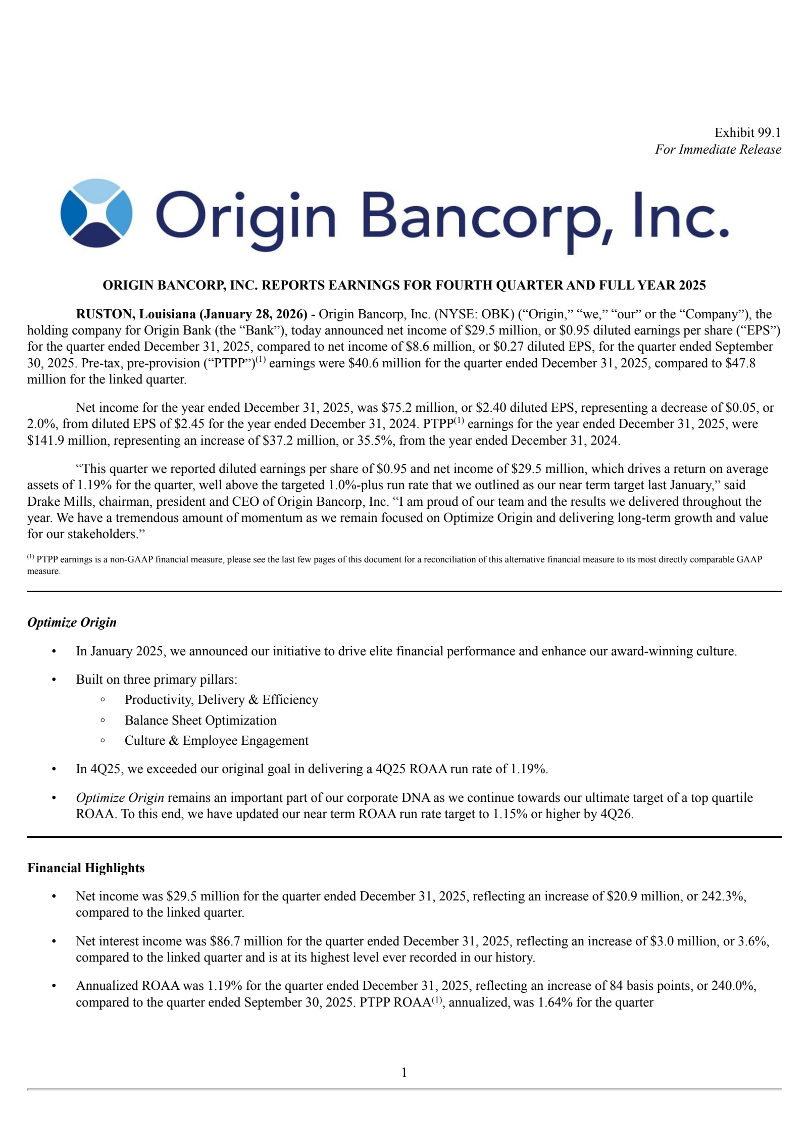 Origin Bancorp's Q4 2025 Press Release