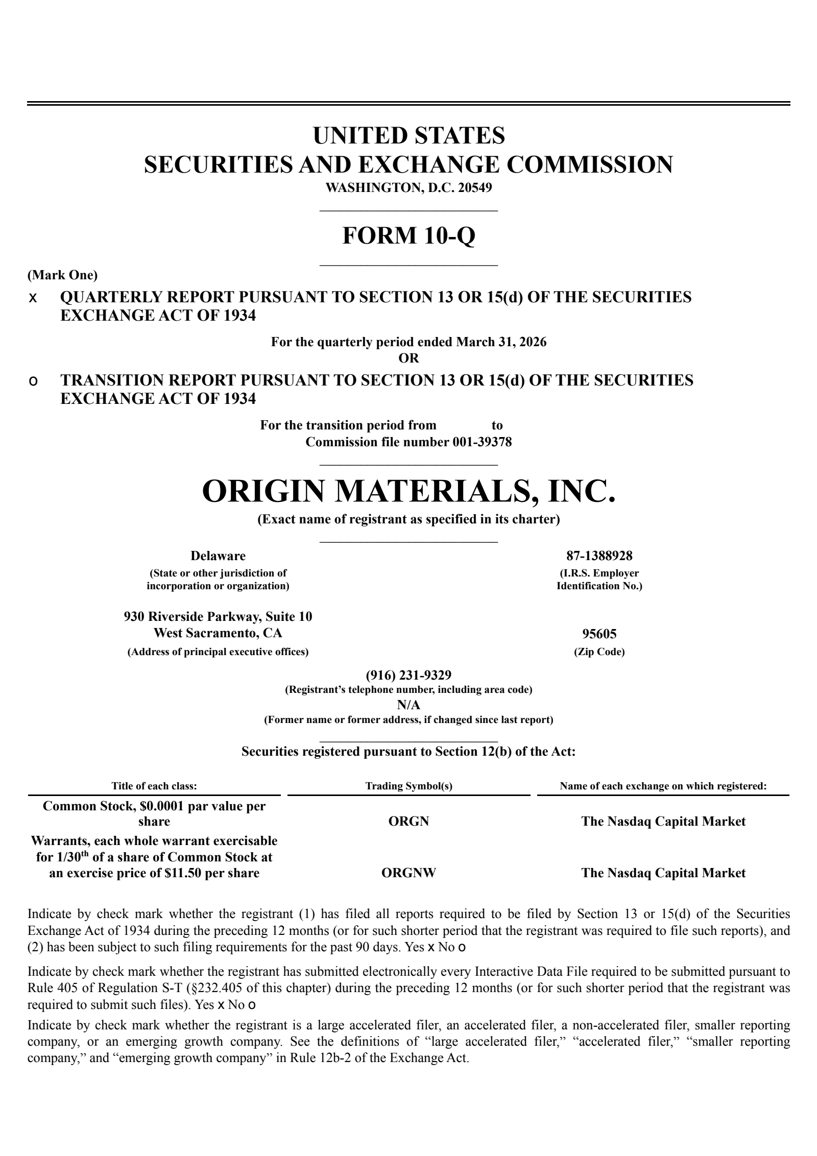 Origin Materials' Q1 2026 Quarterly report