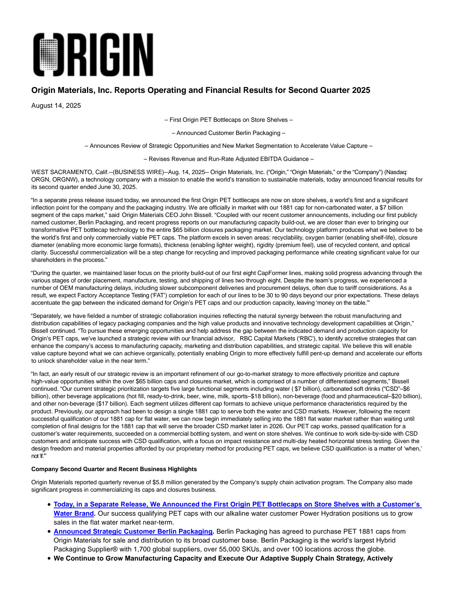 Origin Materials' Q2 2025 Press Release
