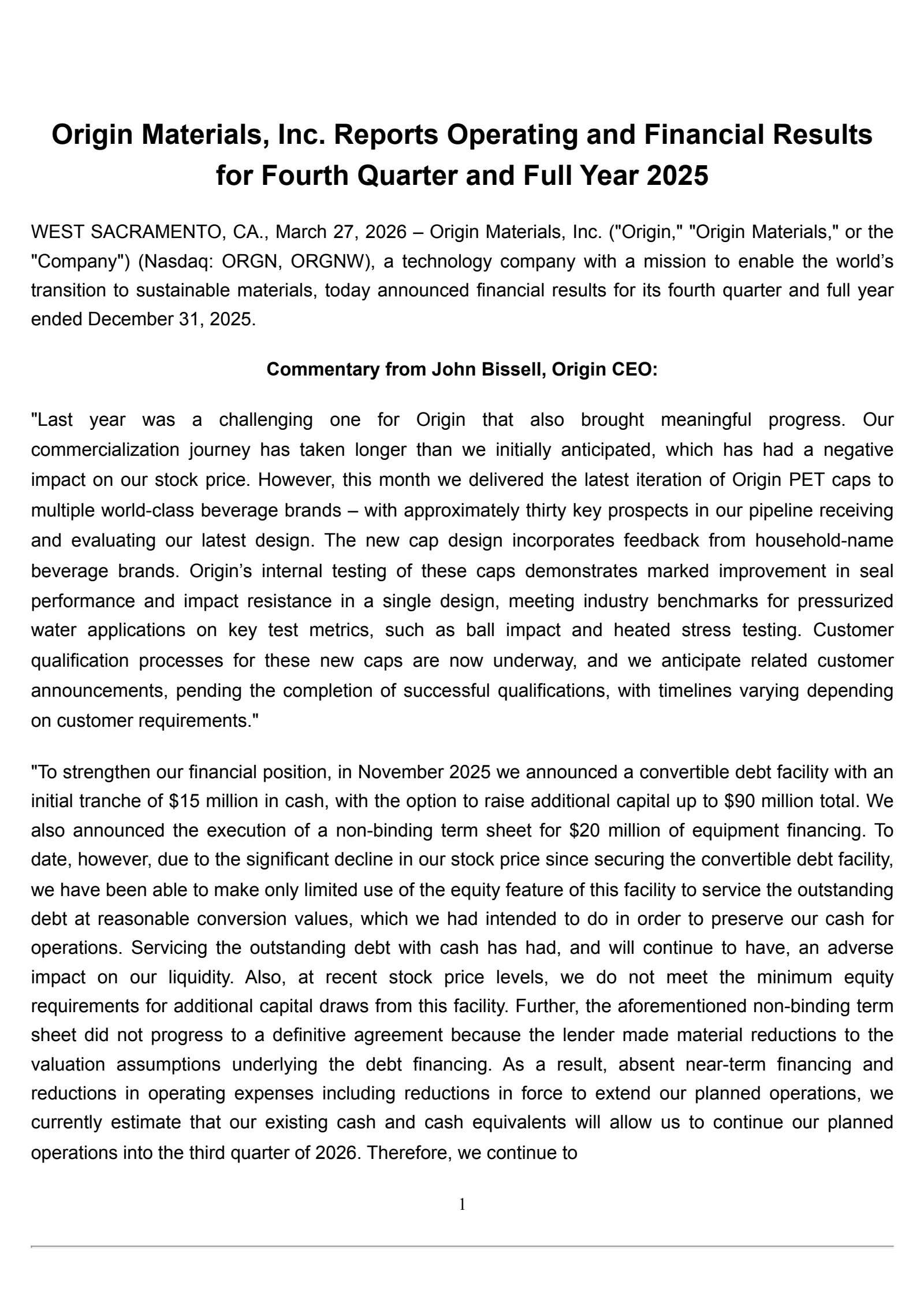 Origin Materials' Q4 2025 Press Release