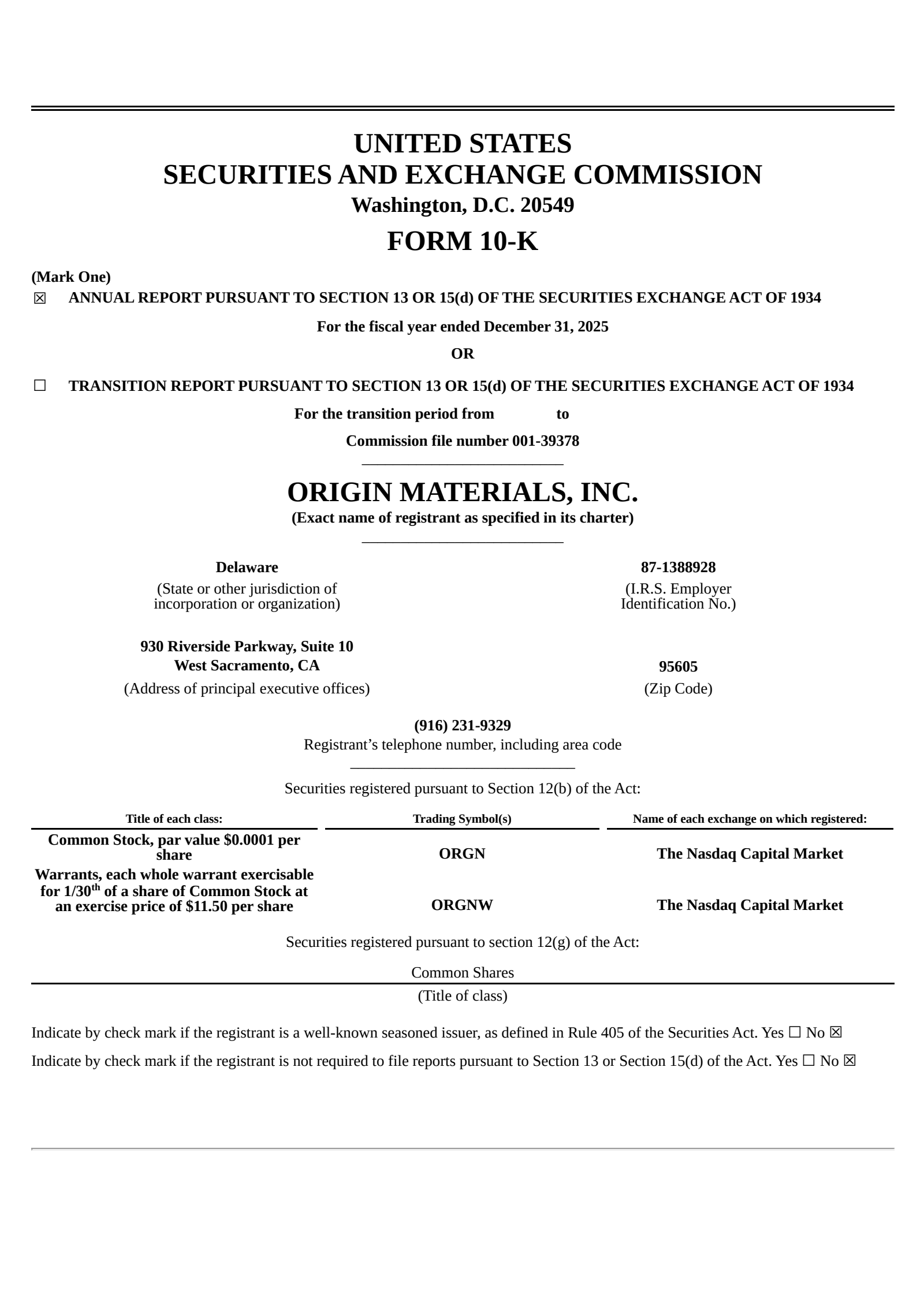 Origin Materials' Q4 2025 Annual report