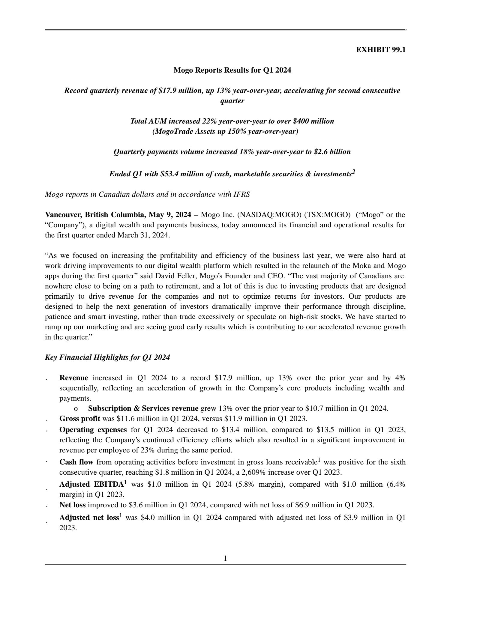 Mogo's Q1 2024 Press Release