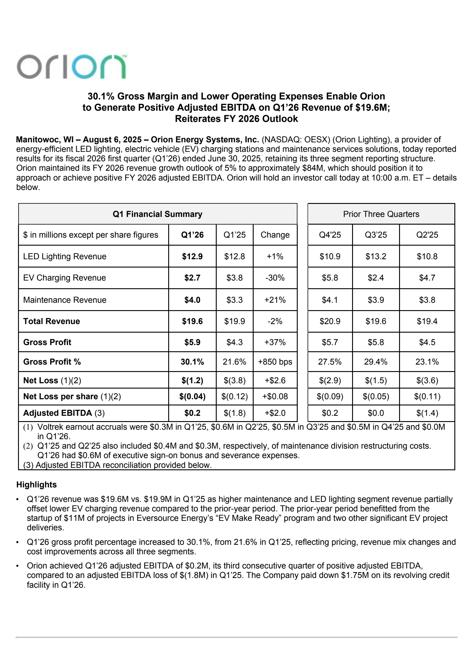 Orion Energy Systems' Q1 2026 Press Release