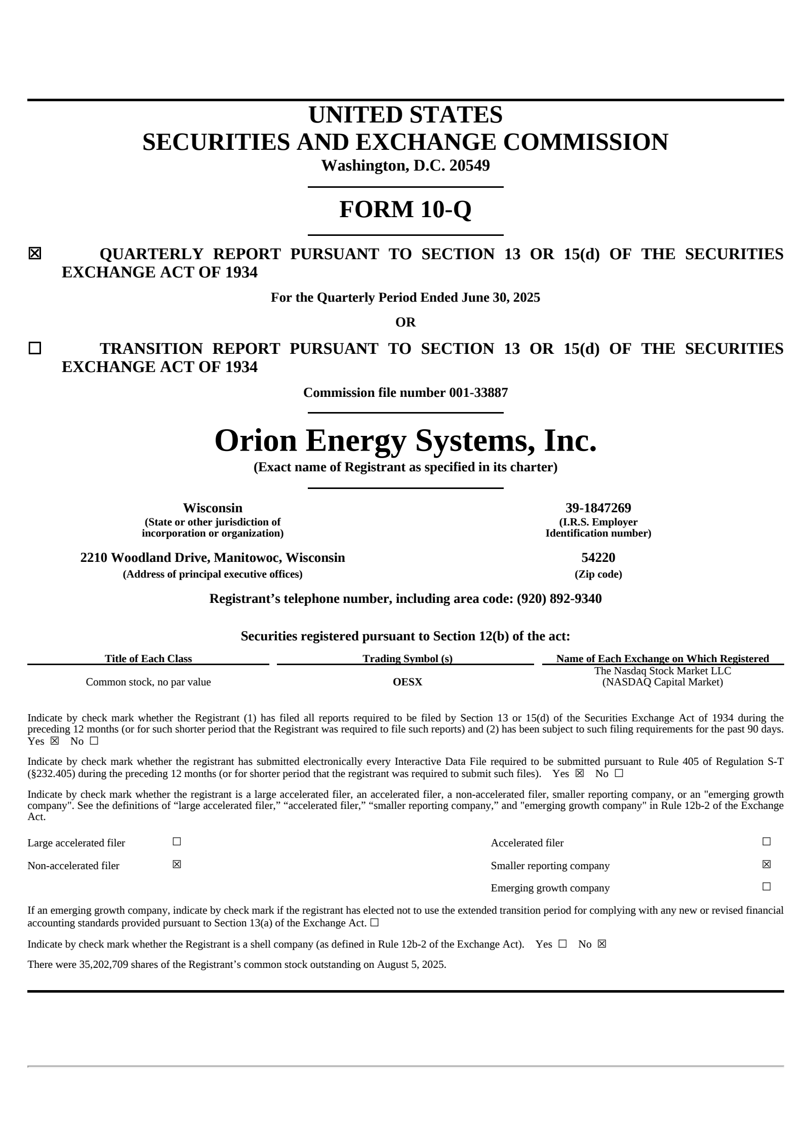 Orion Energy Systems' Q1 2026 Quarterly report