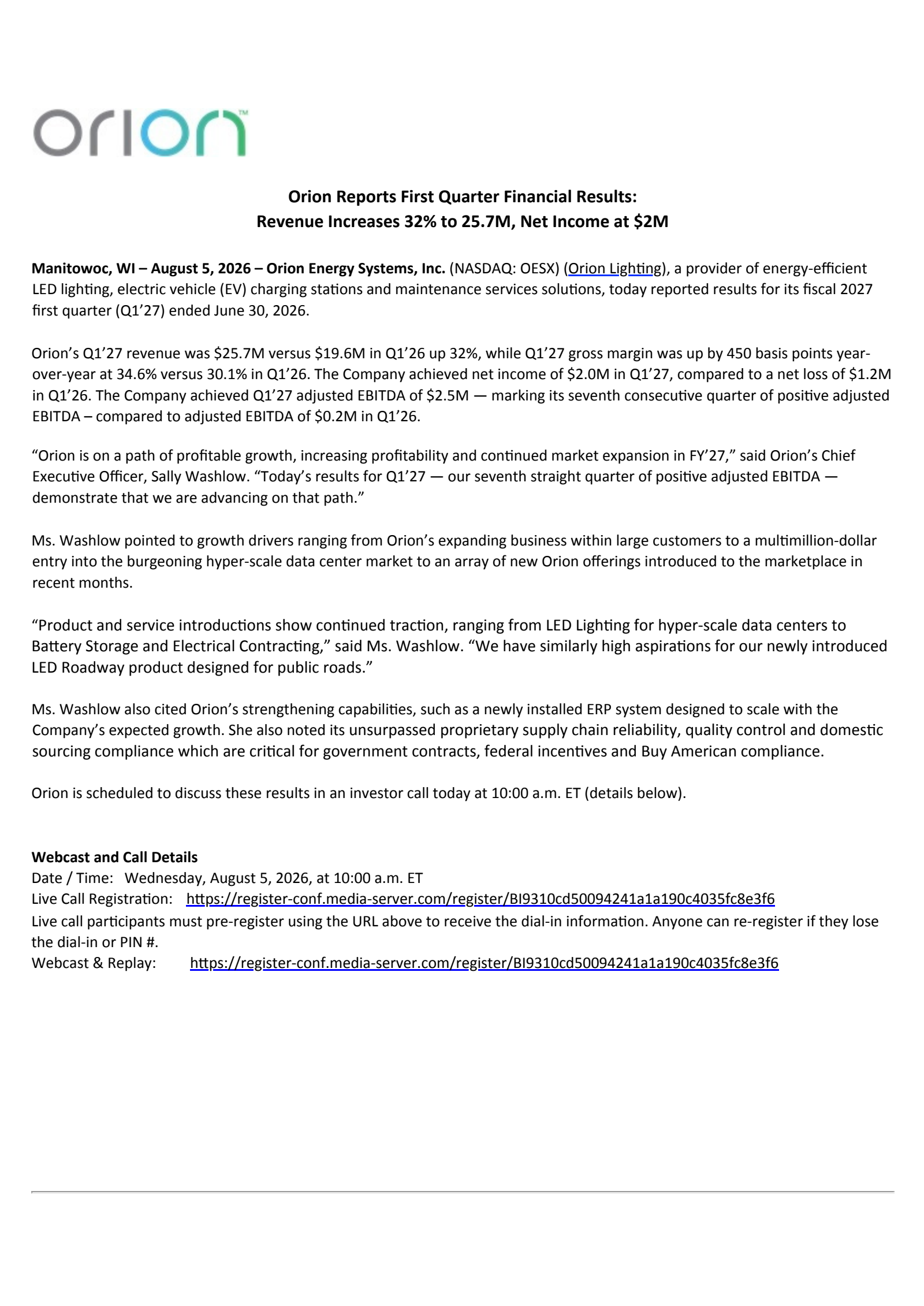 Orion Energy Systems' Q1 2027 Press Release