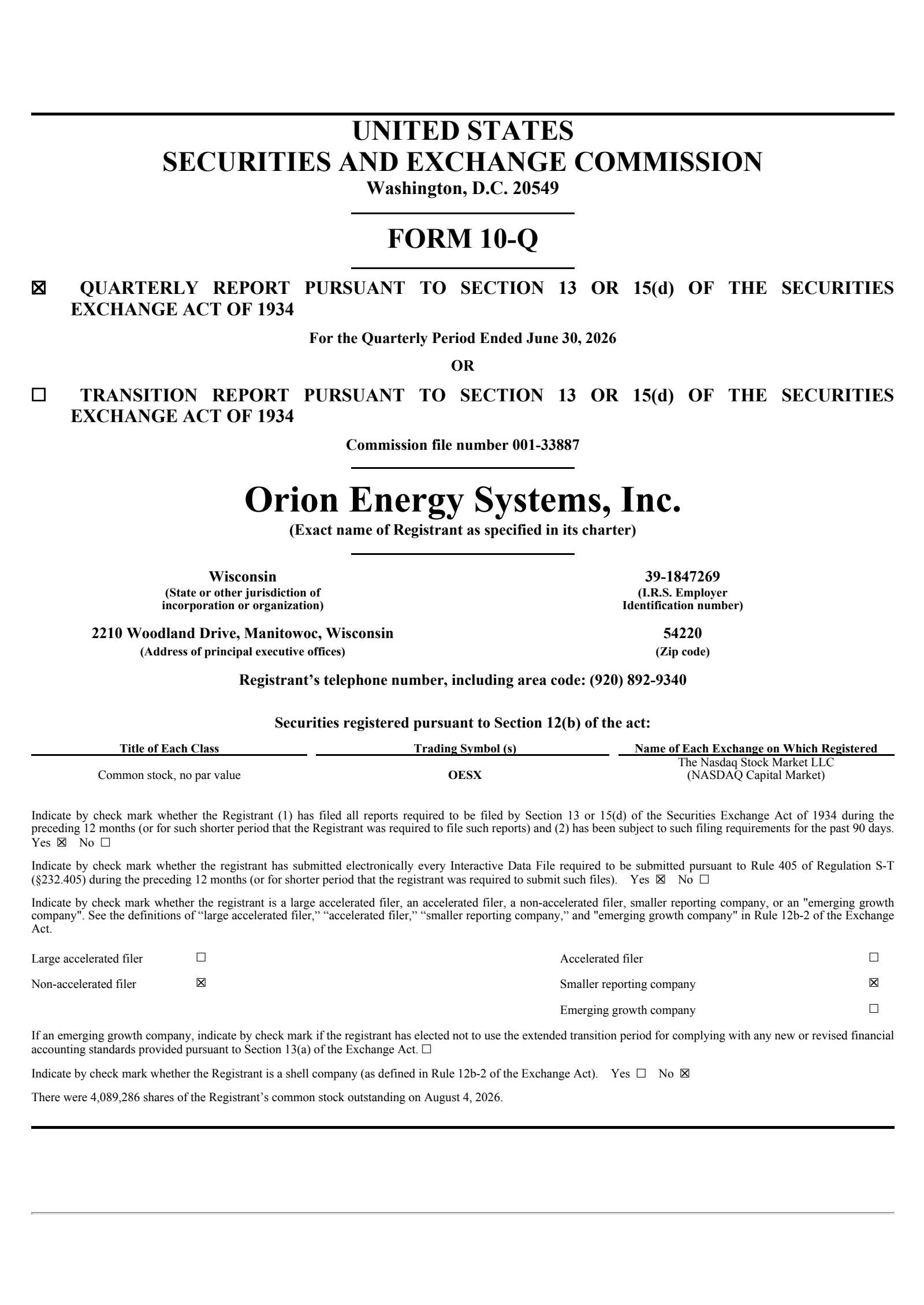 Orion Energy Systems' Q1 2027 Quarterly report