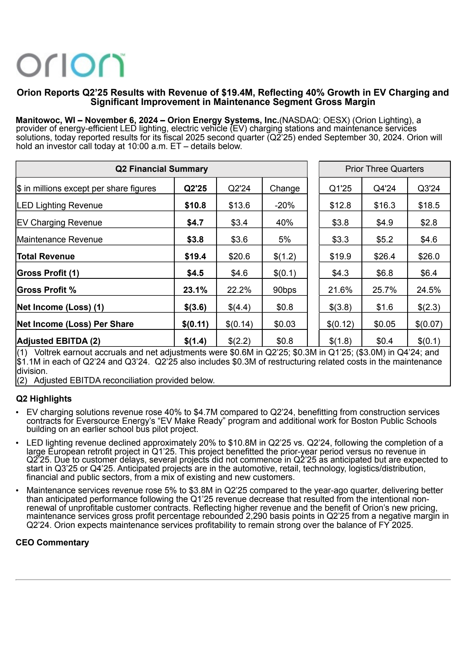 Orion Energy Systems' Q2 2025 Press Release