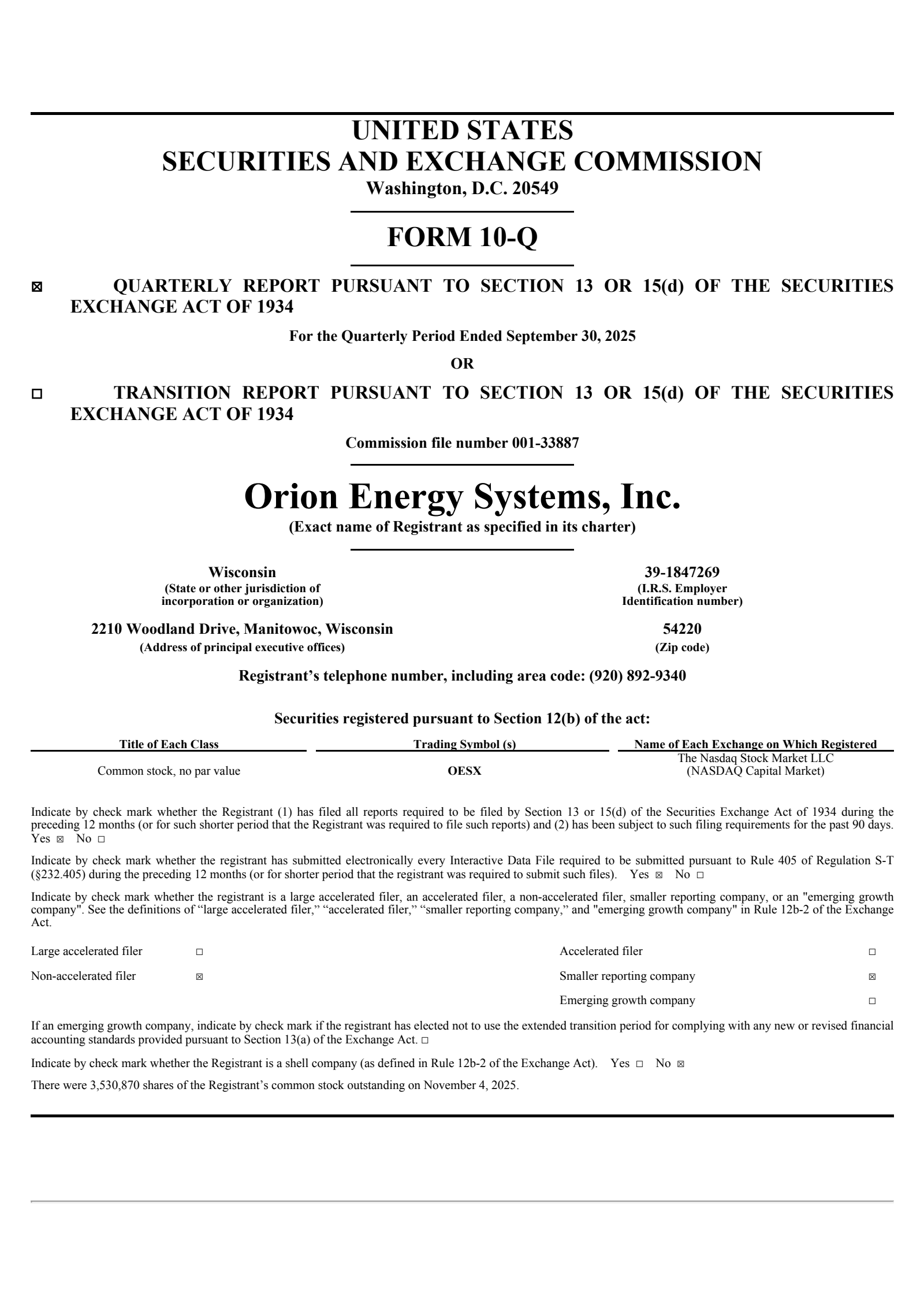 Orion Energy Systems' Q2 2026 Quarterly Report