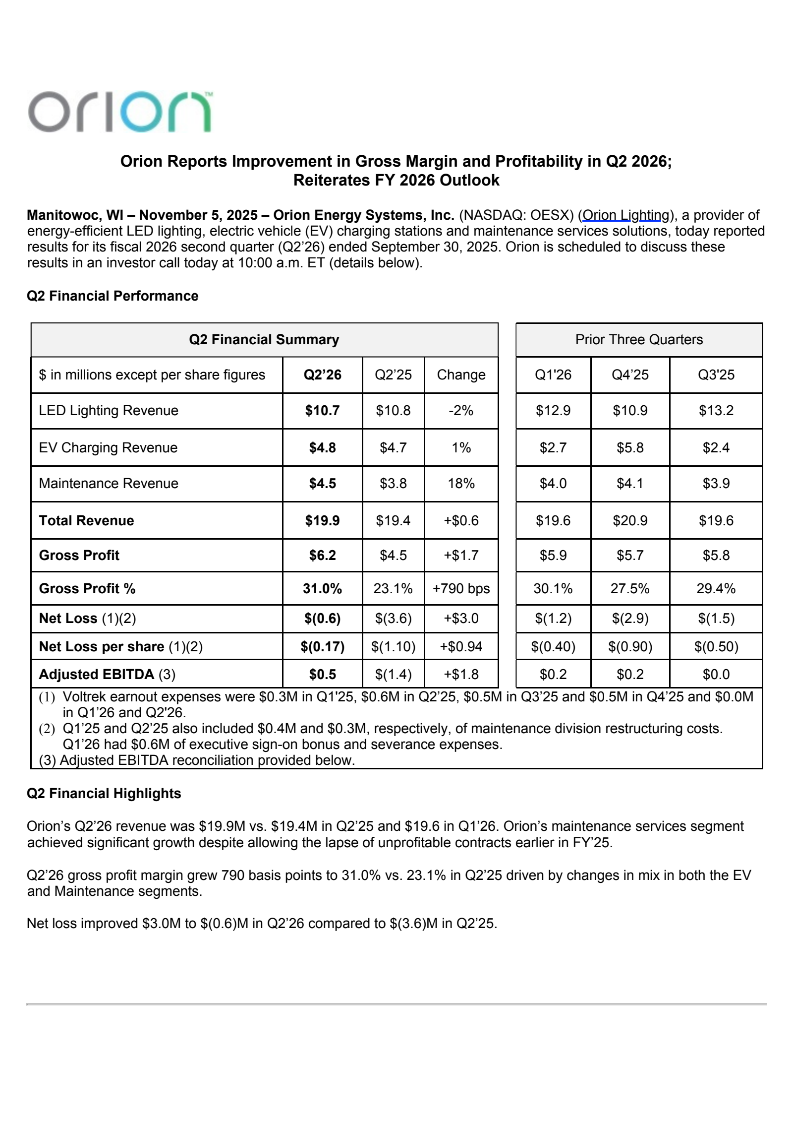 Orion Energy Systems' Q2 2026 Earnings Release