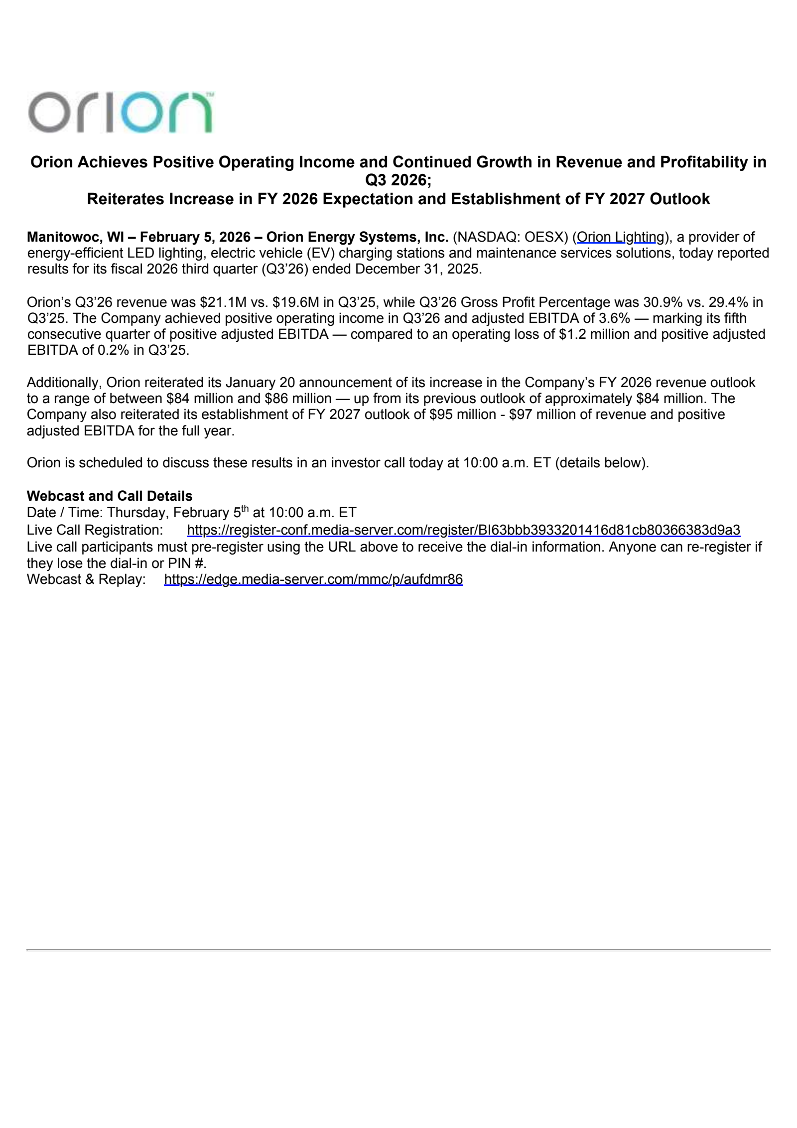 Orion Energy Systems' Q3 2026 Press Release