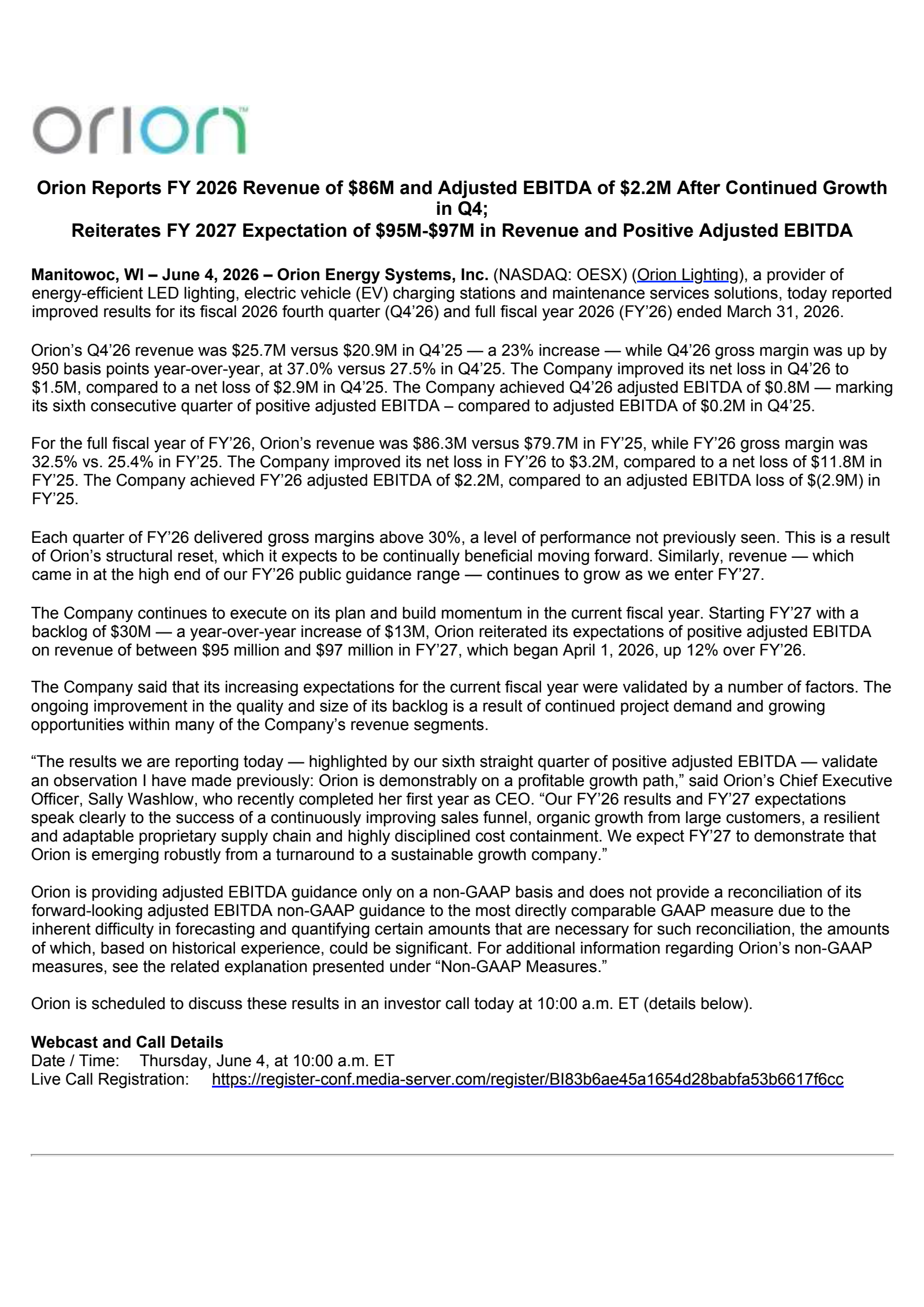 Orion Energy Systems' Q4 2026 Press Release