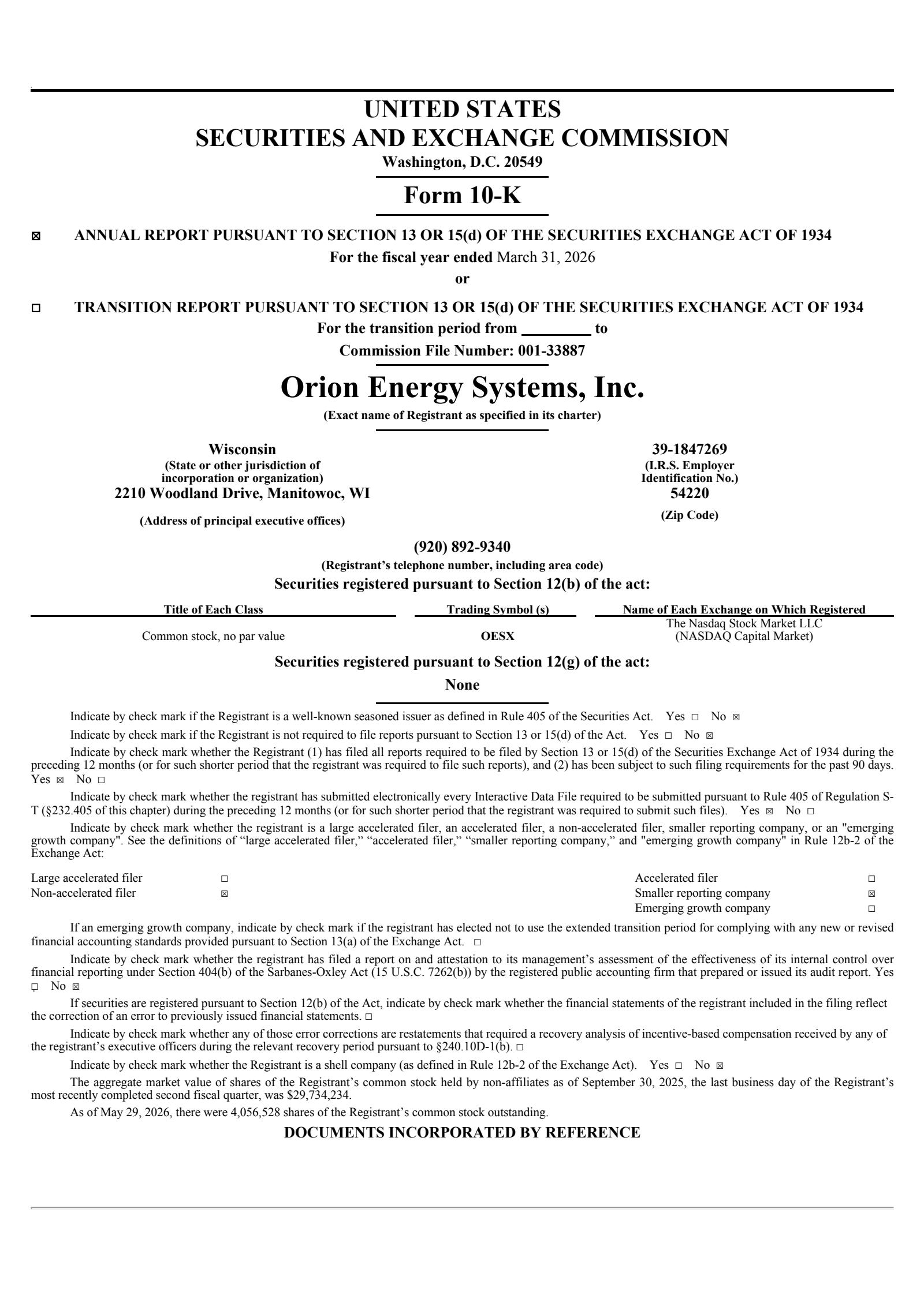 Orion Energy Systems' Q4 2026 Annual report